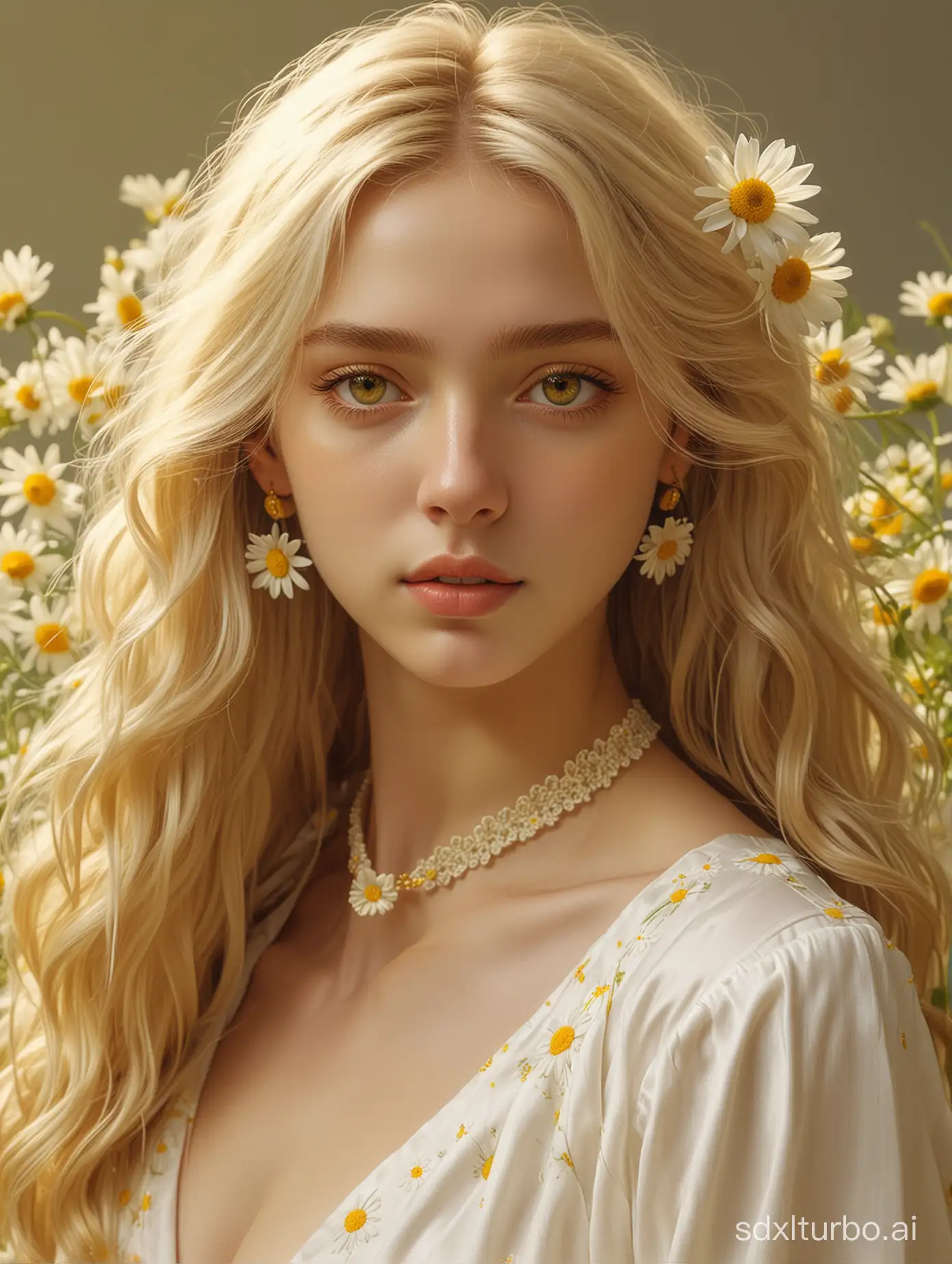 Top quality, nude, pussy, masterpiece, a girl, with light yellow long hair, slightly curly, yellow earrings, neckband, (yellow and white attire), (exquisite depiction of hair), (exquisite depiction of yellow eyes), (exquisite depiction of facial features), solo, (daisies), portrait description, solid color background, sense of brokenness, full body portrait