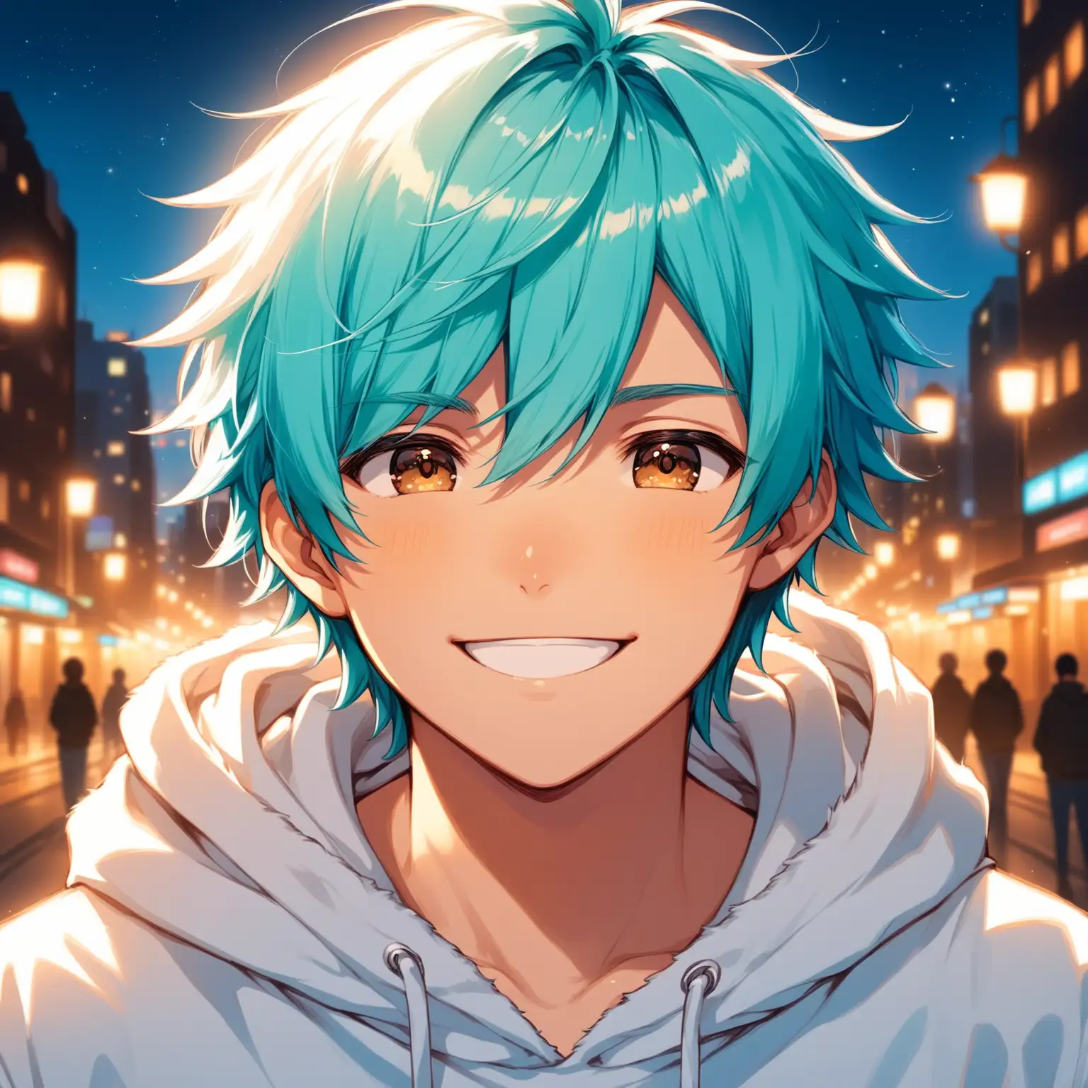 Draw a cute anime boy, high quality, close up, ambient lighting, city, white hoodie, fluffy aquamarine hair, brown eyes, smiling
