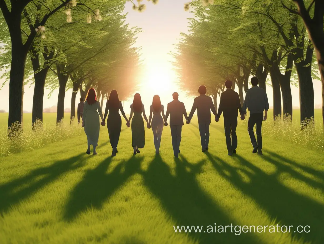 10 people, holding hands, are walking forward, across a green field, walking at dawn. The trees are blooming. The sun is visible ahead, close up