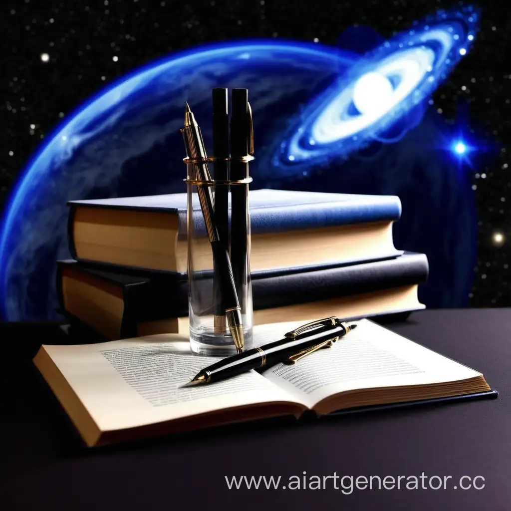 books and a pen with ink stand against the background of space