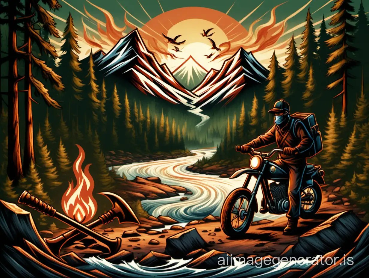 In the background of the mountain, between the mountains flows a river, along the riverbanks stretches a coniferous forest. In the center, in the form of a logo, there are crossed pickaxe and shovel, above between the tools is a burning lantern, below the tools is a person on a motorcycle.