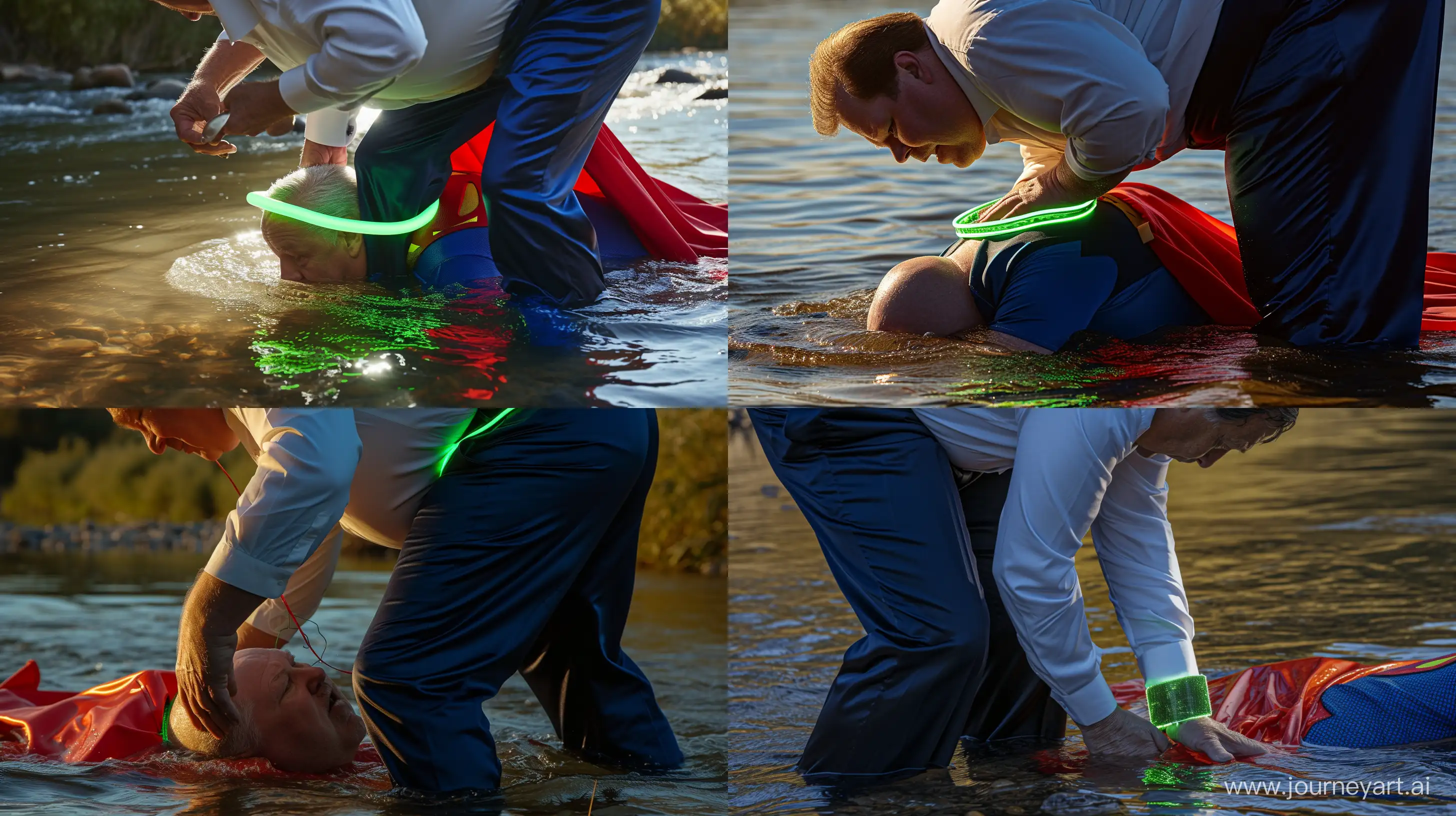 Close-up photo of a fat man aged 60 wearing silk navy business pants and a white shirt. Bending and putting a tight green glowing neon dog collar on the nape of a fat man aged 60 wearing a tight blue 1978 superman costume with a red cape crawling in the water. Natural Light. River. --style raw --ar 16:9