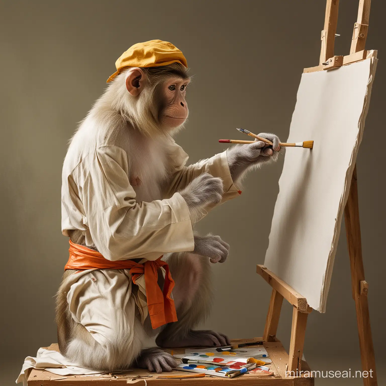 A monkey dressed as a painter, the monkey is painting on a canvas