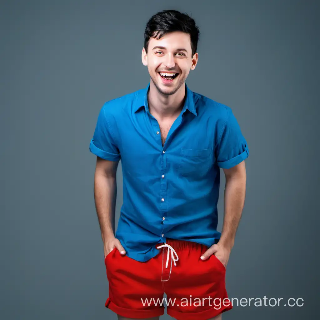Веселый парень, с чёрными короткими волосами в синей короткой футболке и в красных шортах