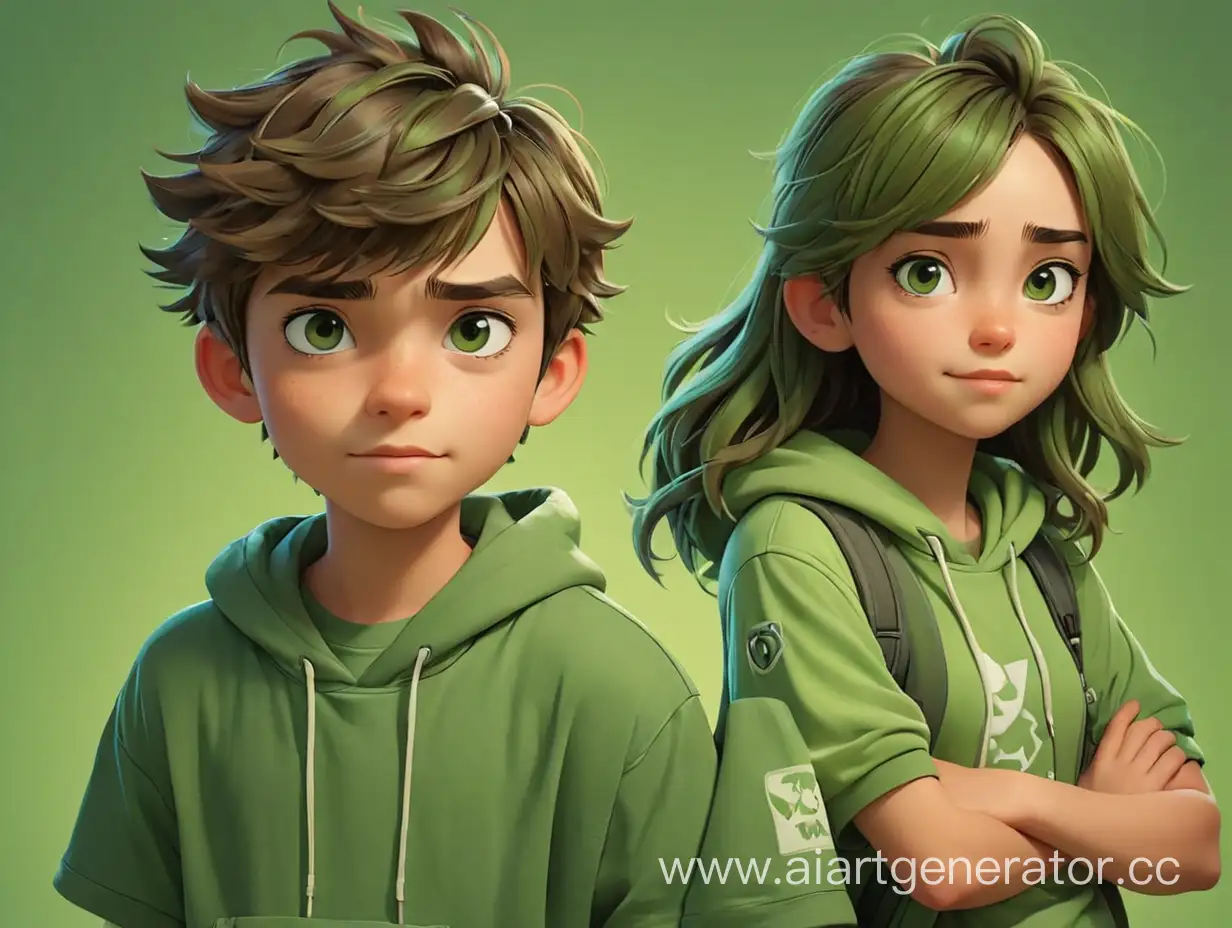 виртуальные персонажи фрилансеры подростки брат и сестра в стиле мультяшном и зеленых тонах