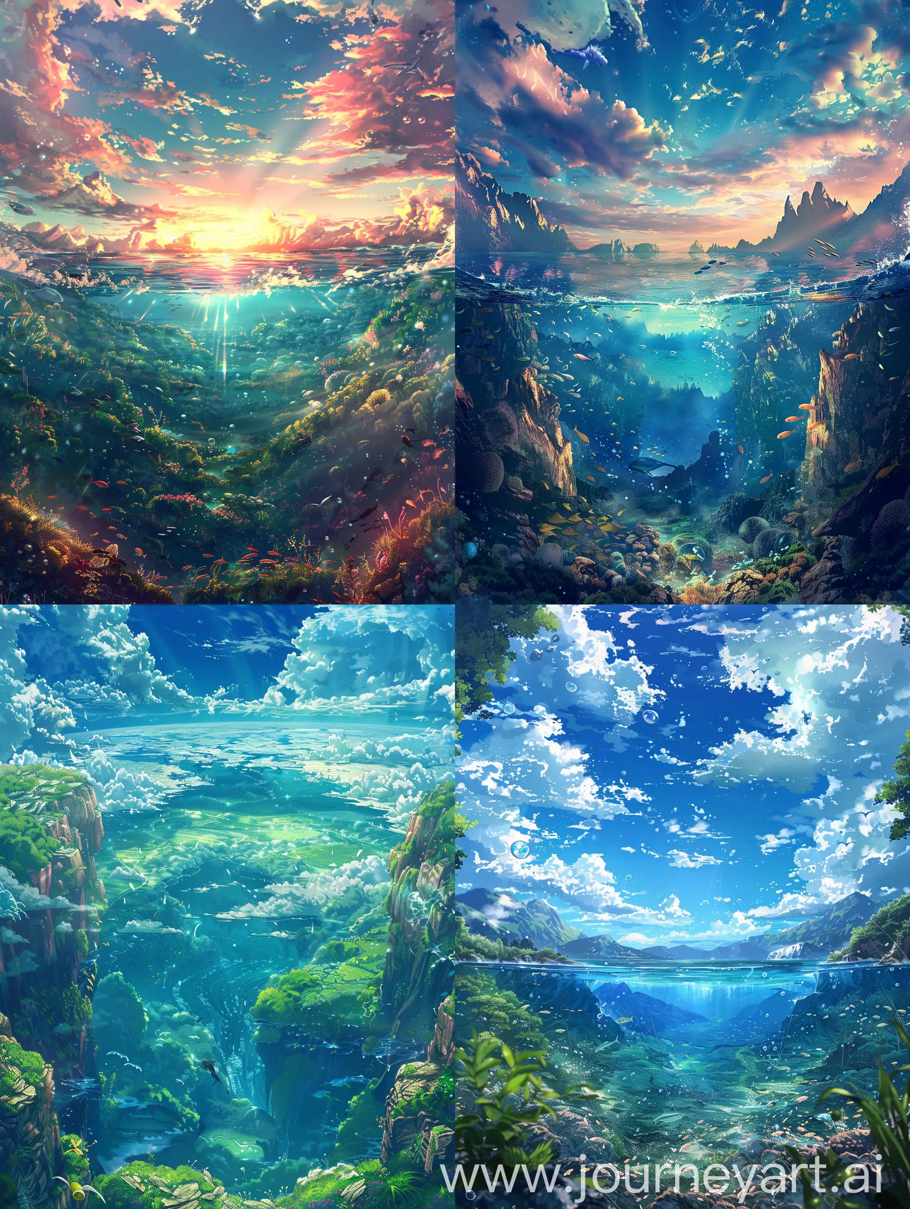  anime style,beautiful textures,vast  view of a magical water sky,including water life,out of this world image,a view from mountain,best photography style,a sense of wonder.