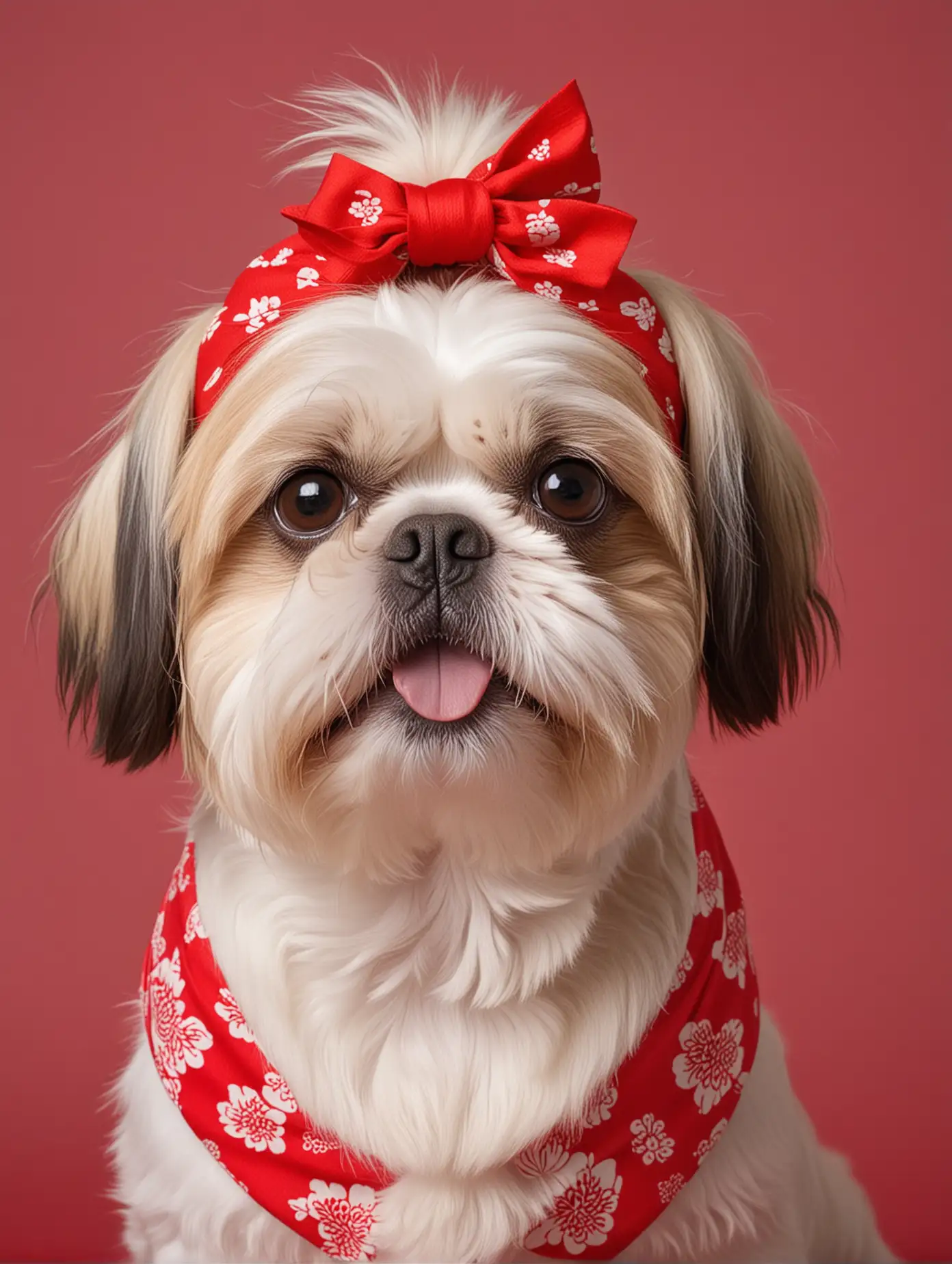 poster of photograph of a shih tzu wearing red Japanese headband with a red background colour