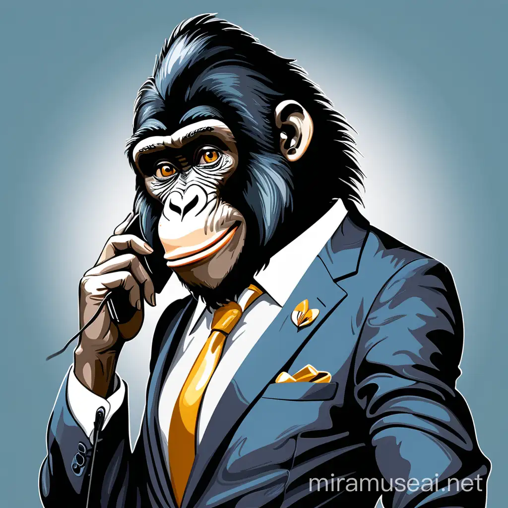 Smartly Dressed Gorilla Smiling While Talking on Mobile Phone