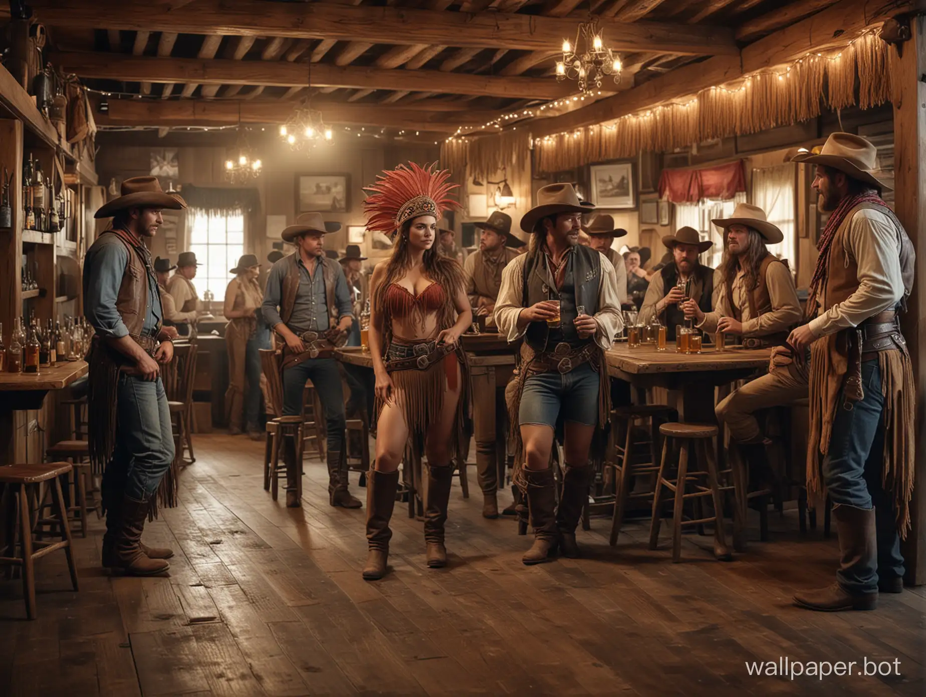 A stunning high-resolution image of cowboys gathered in an 1880s wild west saloon. The dimly lit room is filled with rough-hewn wooden tables and chairs, and the bar is stocked with an array of whiskey bottles. The cowboys, dressed in worn leather chaps and frayed denim, are engaged in lively conversation over their drinks. Scantily-clad dance hall girls with feathered headdresses and fringed shawls are seen mingling with the patrons, adding to the lively atmosphere. The dance floor is empty, awaiting the start of the evening's entertainment., photo, 8k