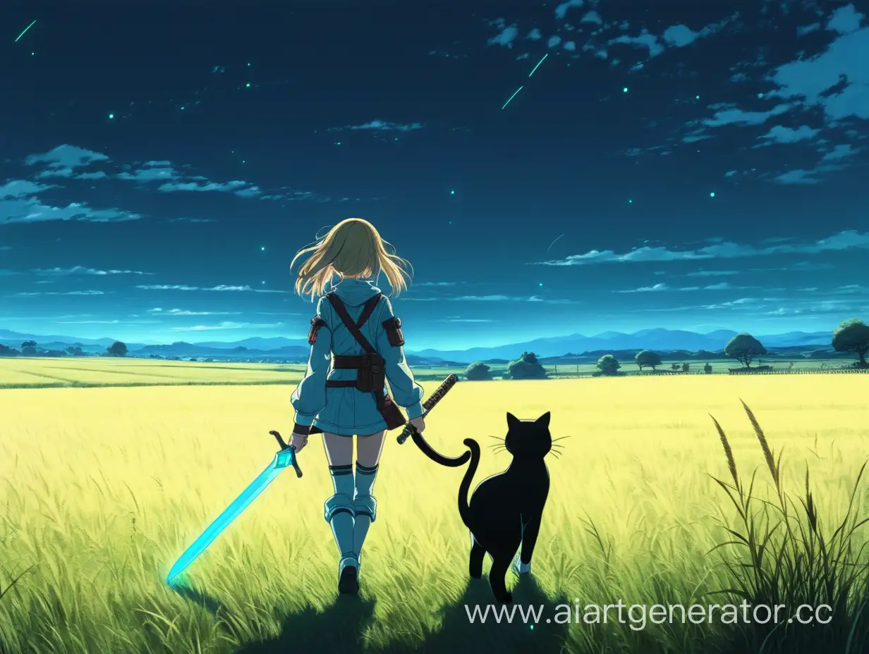 Аниме девушка с мечом идет спиной по полю с неоновым котом