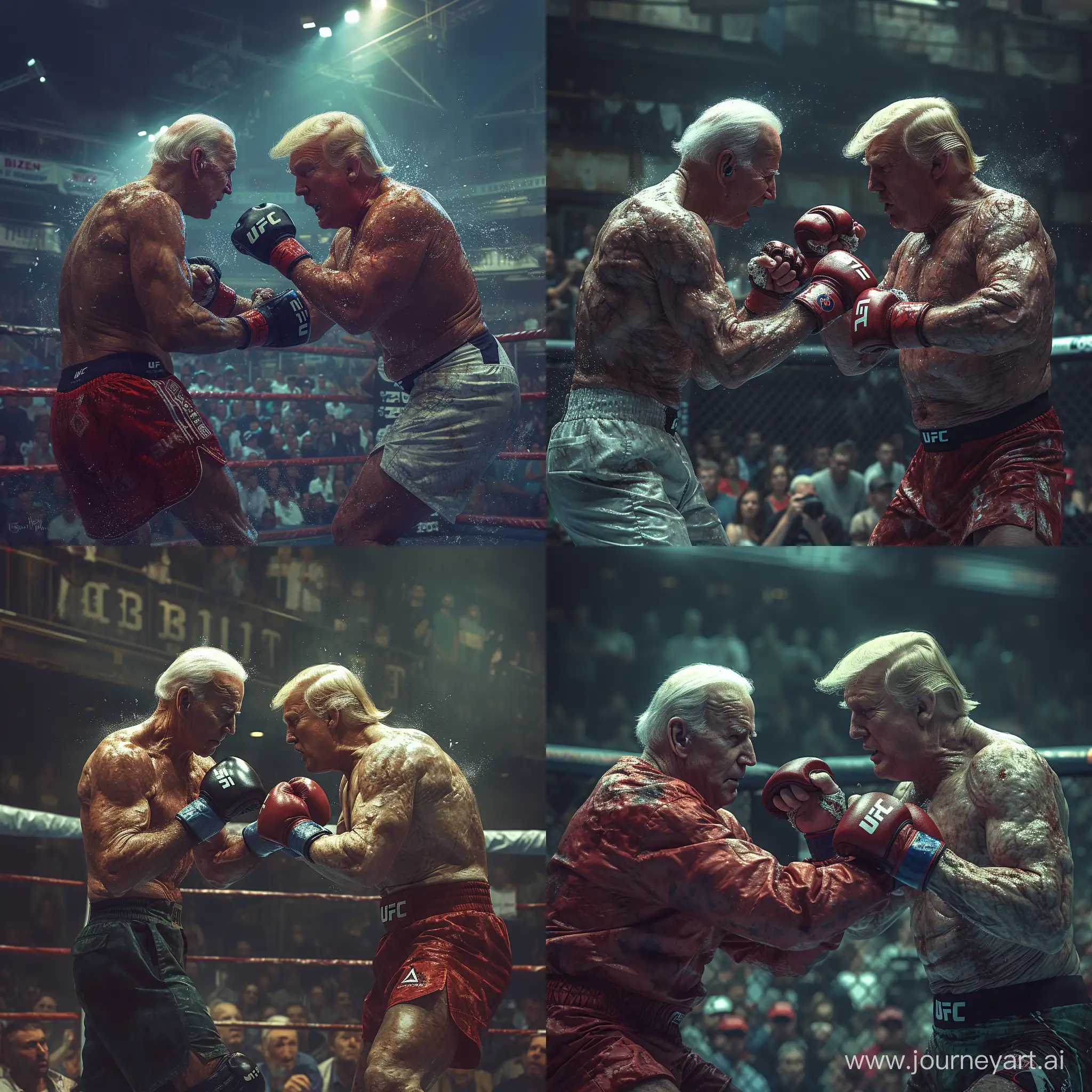 A realistic picture of joe biden and donald tump playing mma , in front of an s udience watching the match, with blur in the background, accuracy, focus, and very  details  skin,  --stylize 750 --v 6