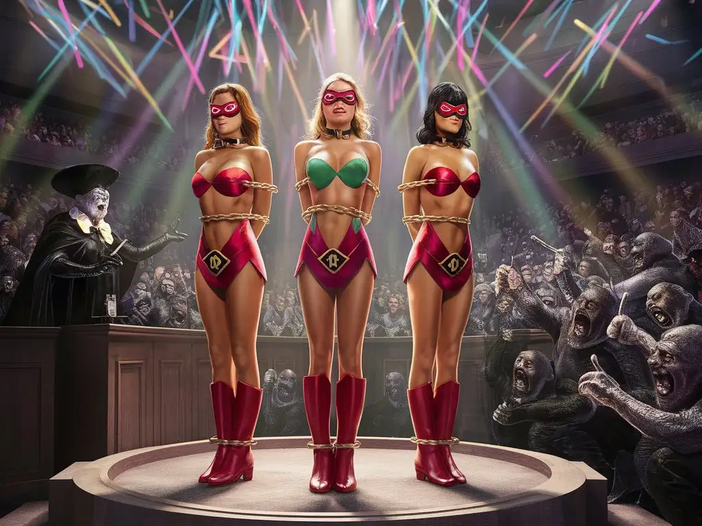 3 beautiful and sexy superheroines with colorful costumes and eye masks are standing on a raised stage in a huge auditorium. They are very distressed and helpless. Their arms are bound behind their backs. They are heavily chained as prisoners. Gold collars around their necks. Crotch ropes pulled tight. Next to them on the dais is an auction podium with a muscular auctioneer who is wearing a black hood like an executioner. The stage is surrounded by nasty looking monsters and villains who are all very excited to be bidding on ownership of the captured heroines. Extreme detail. Dangerous atmosphere. Many different colored spotlights. Wide shot view. I'm