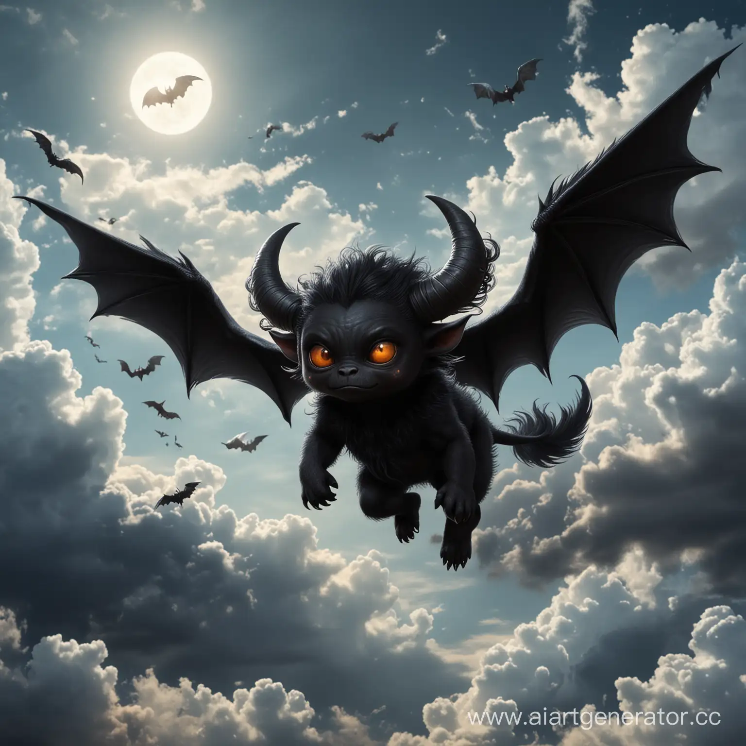 маленький черный демон с рогами и крыльями летит в небе