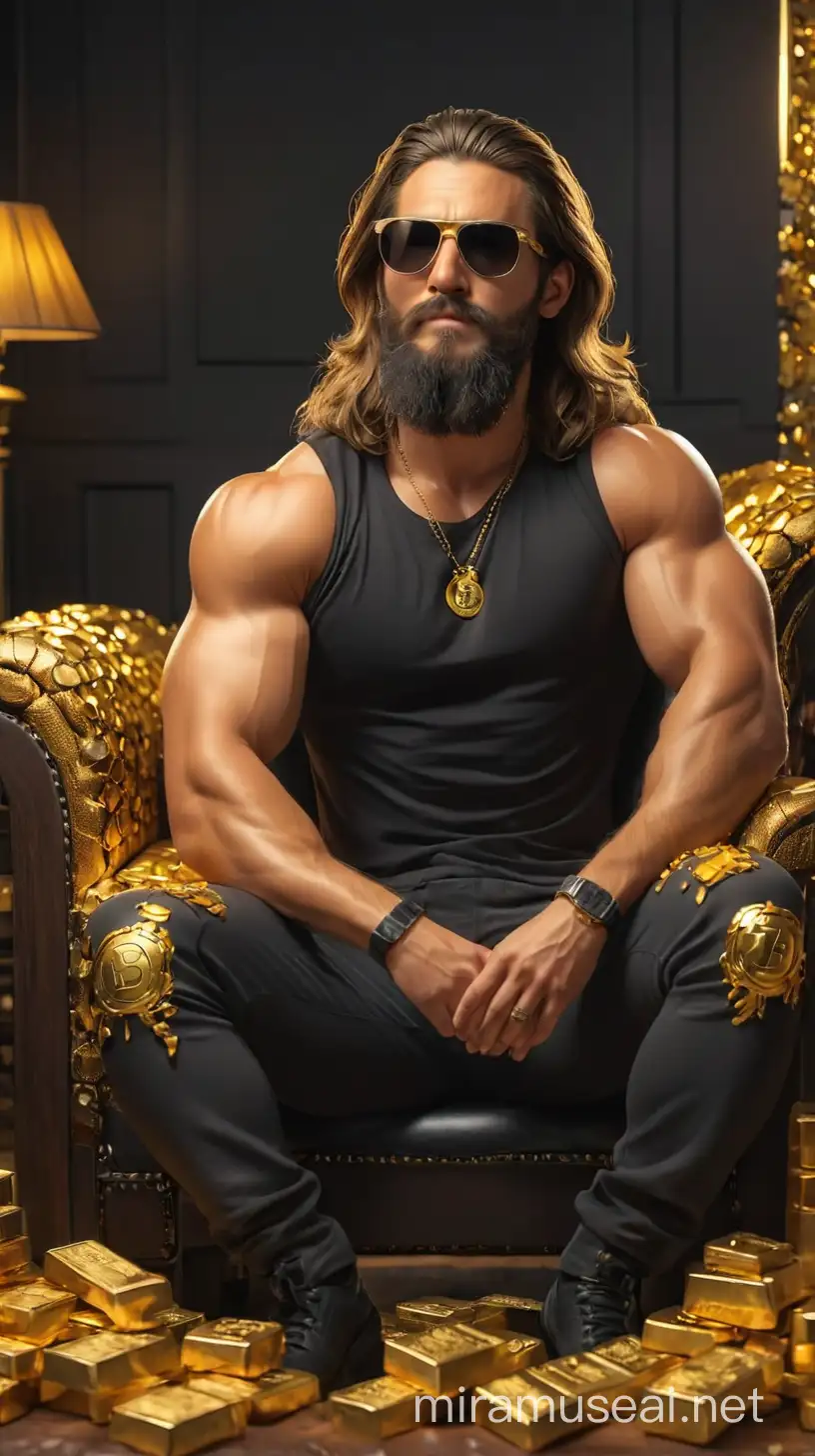 make a picture of a handsome guy sitting on the sofa with looads of gold bars on the table and bitcoin coins in gold and the guy has black sungleses long hair meditum beard 2 times long the beard from the chin area meadium size musles from distance sitting on chiar with hes one leg on the top of the knee make hes hair lited nut 

