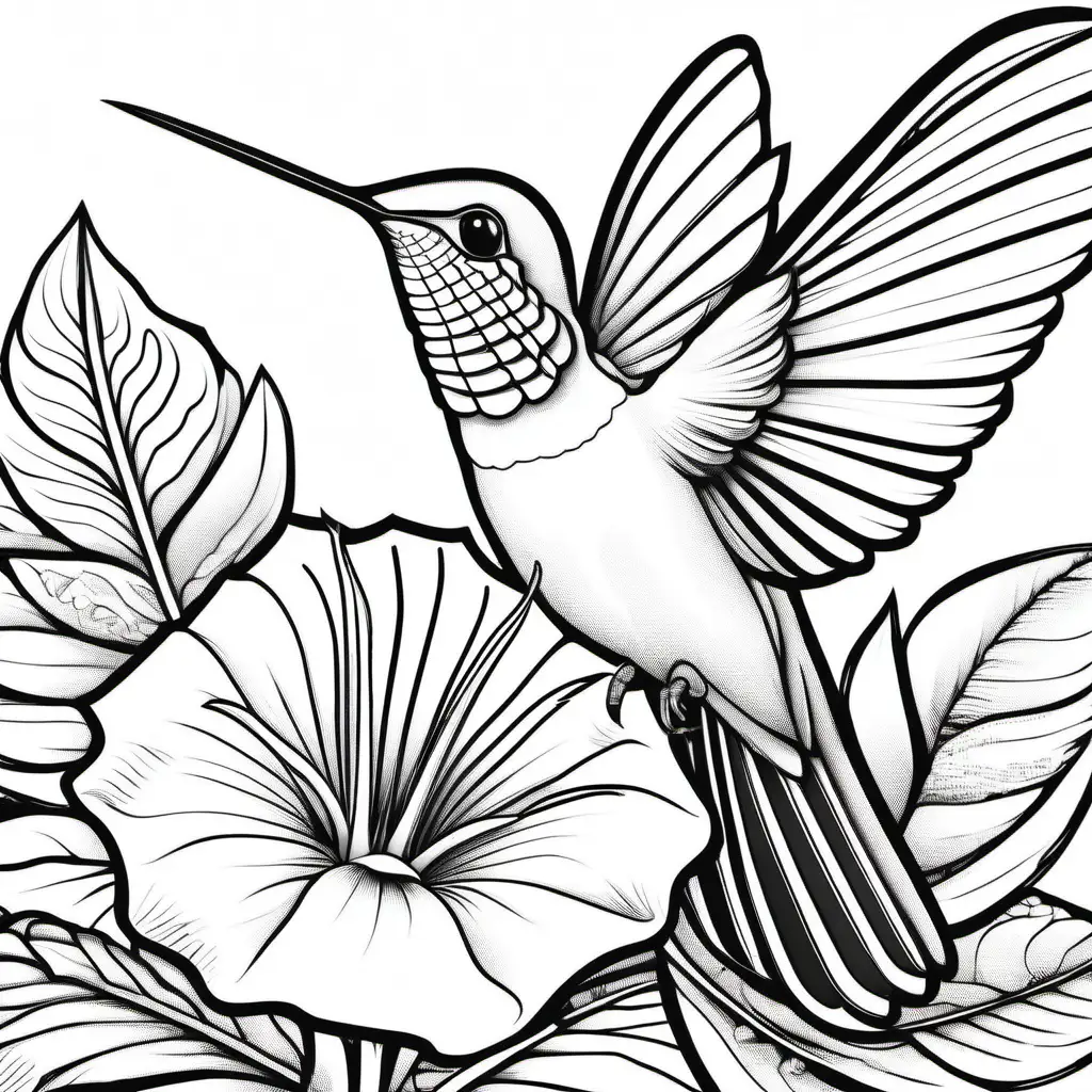  coloring page with colibri white and big flower
