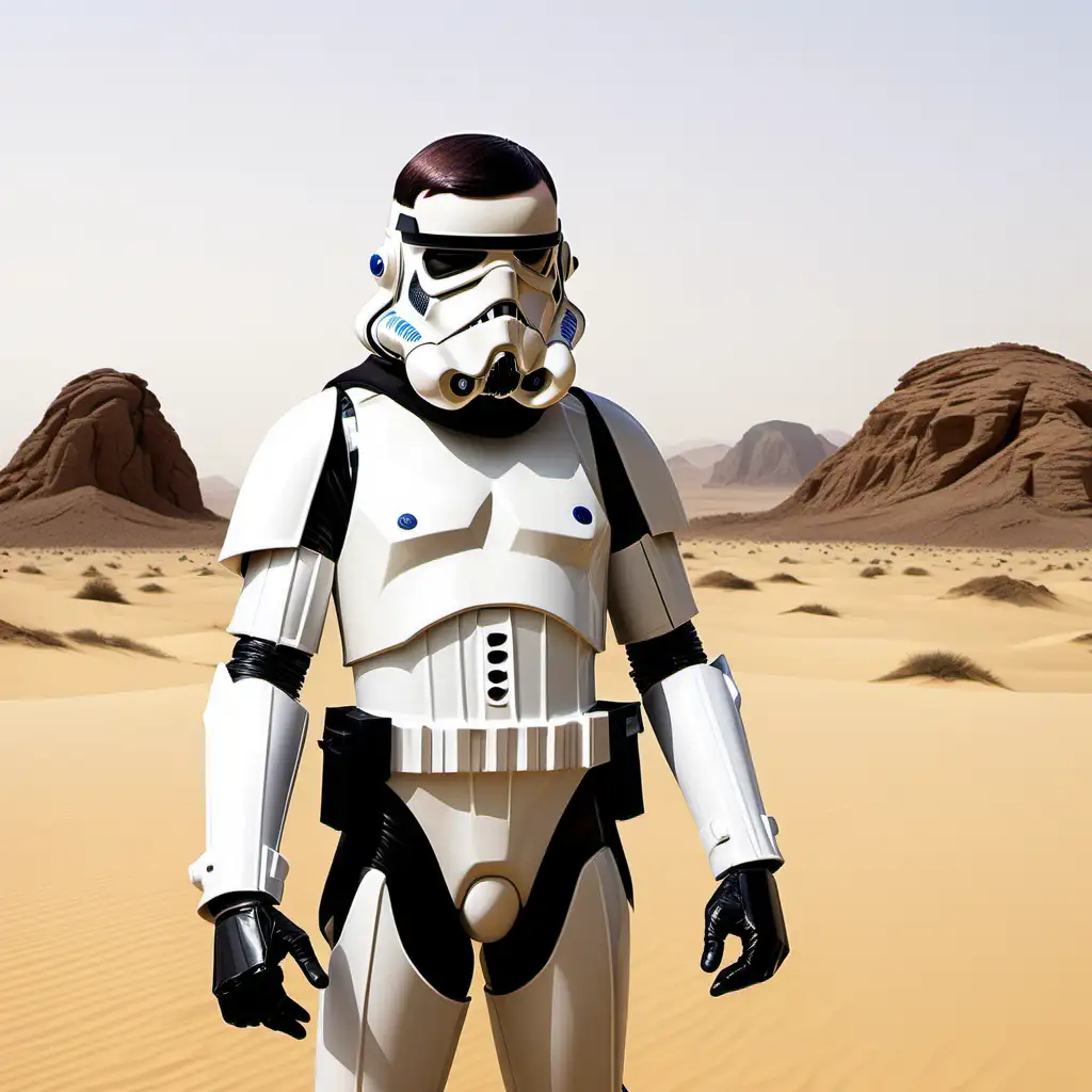 Mr Bean Dressed as a Stormtrooper Without Helmet in Desert Scene with Crashed Tie Fighter