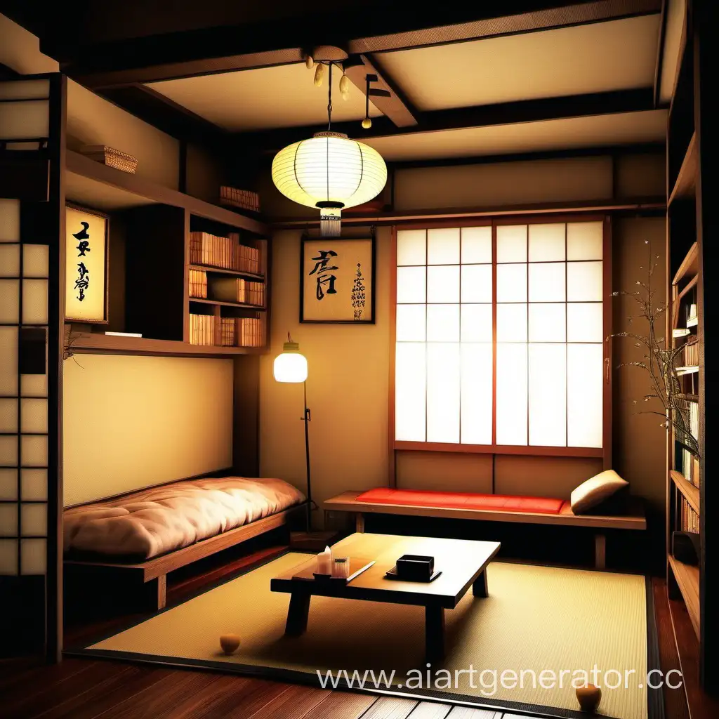 The interior of a small room, Japanese and European style, lamp, bookshelves, futon, table