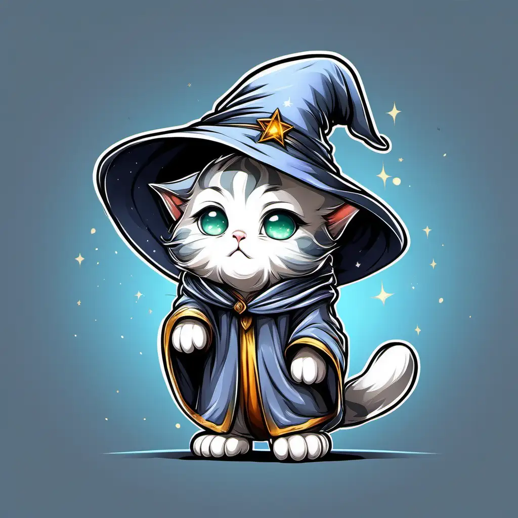 in cute cartoon style, an image of a very sad kitten who is a wizard, similar to a young Gandalf, a head to toe image, full body, in an upright walking position. dynamic pose. beautiful colors, hd, no background