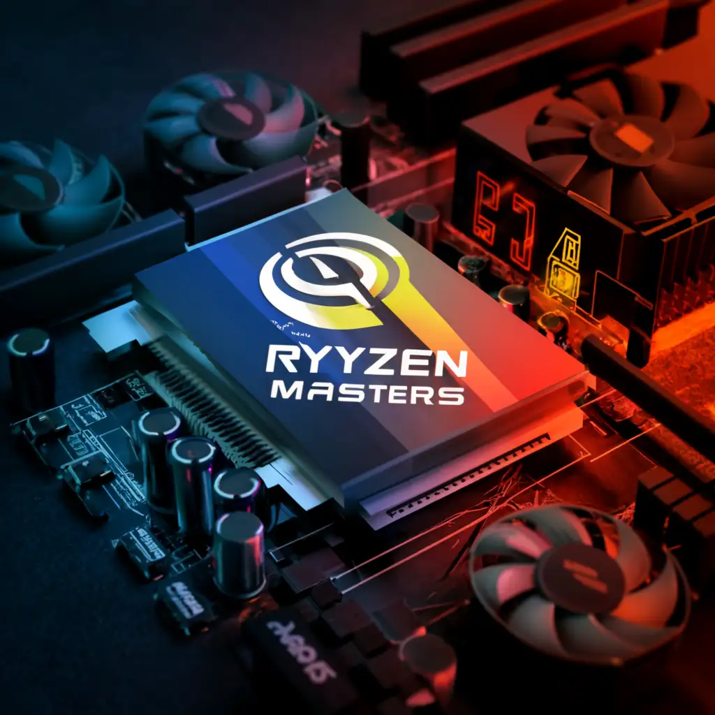 a logo design, with the text 'PC RACE MASTERS', main symbol: ryzen graphics card, Moderate, to be used in Technology industry, clear background