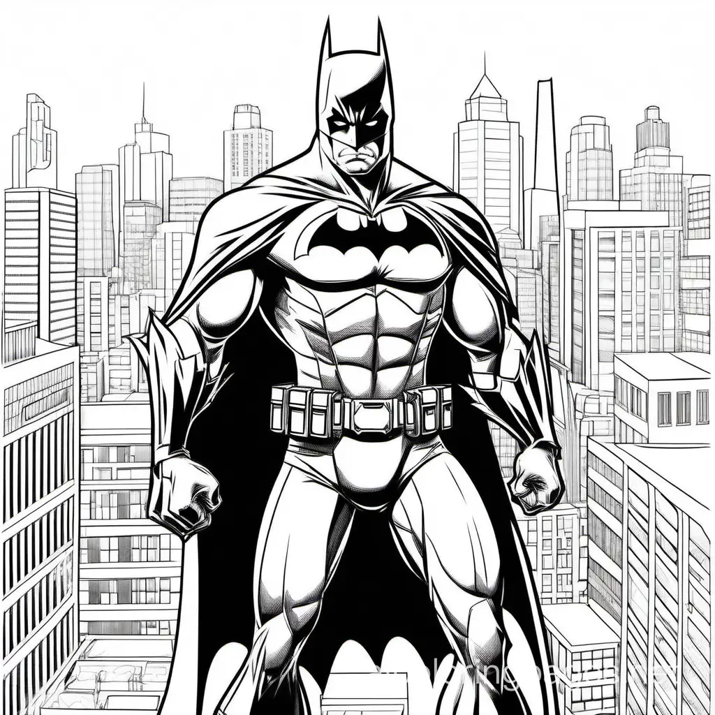 batman, Coloring Page, black and white, line art, white background, Simplicity, Ample White Space. The background of the coloring page is plain white to make it easy for young children to color within the lines. The outlines of all the subjects are easy to distinguish, making it simple for kids to color without too much difficulty