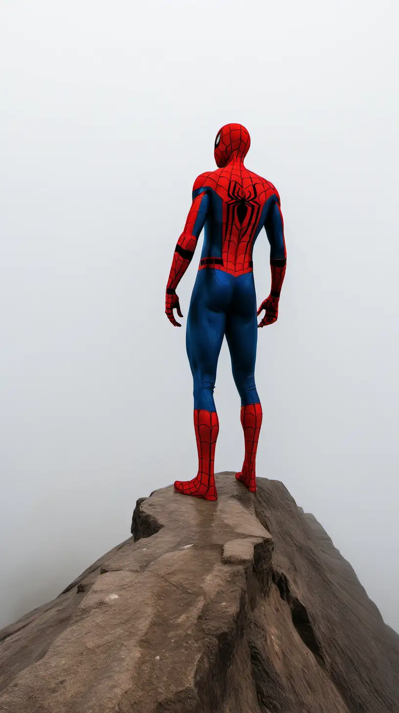 Spider Man. Standing on Mount Hill. Fog