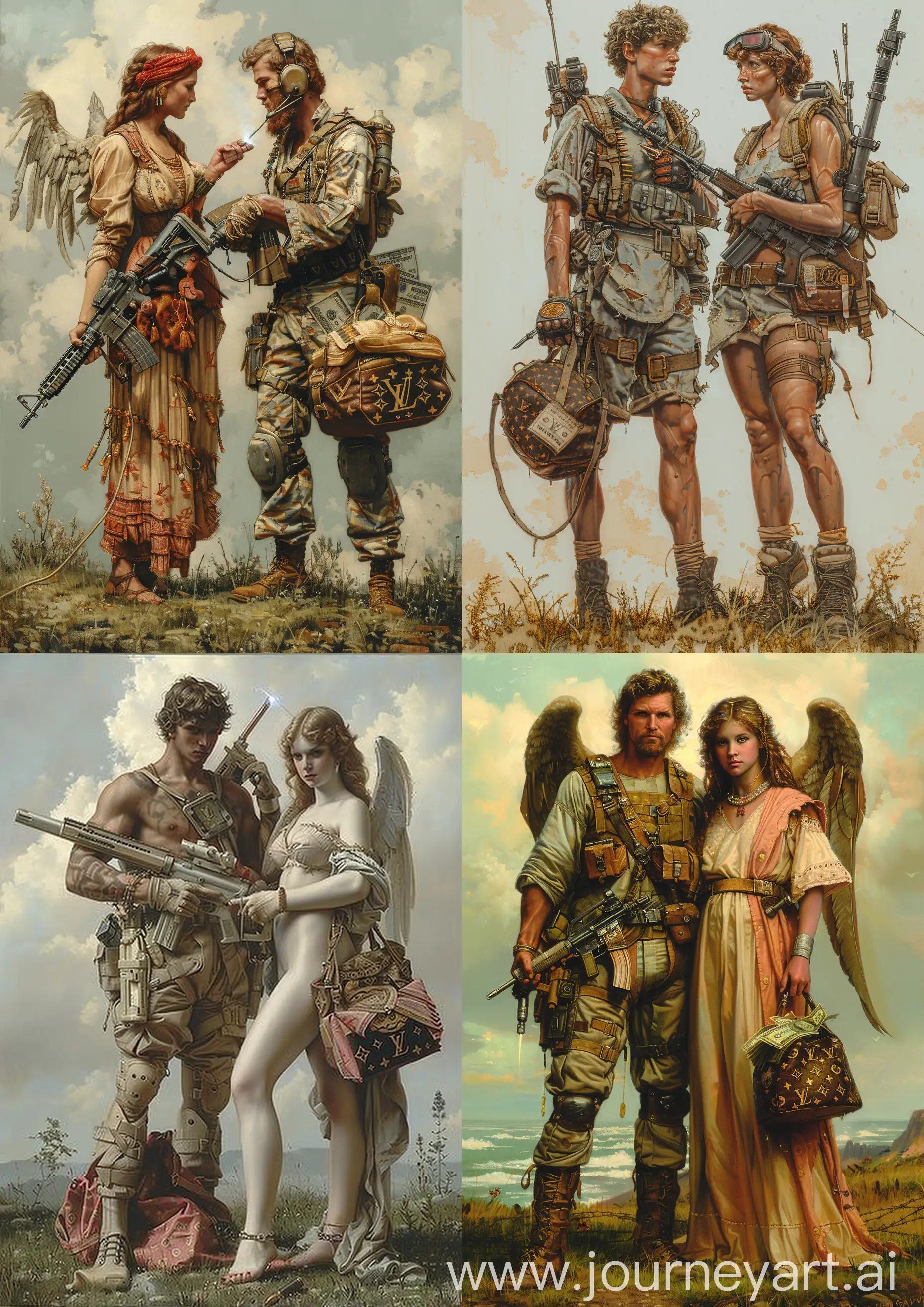 Edward Burne-Jones painting of  a male and a female angels warrior in a futuristic sci-fi clothes, welding an M16 rifle and a Louis Vuitton bag full of money, standing on grass, sky tones, detailed, full body --c 22 --s 750 --v 6.0 --ar 5:7