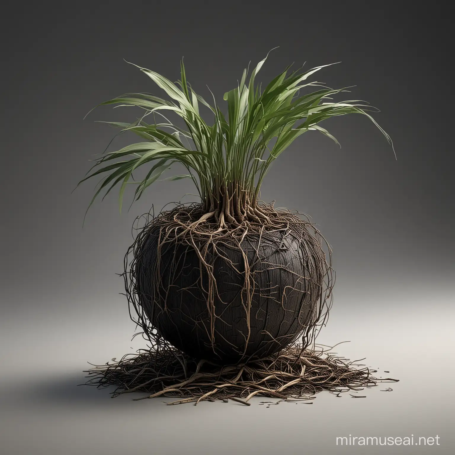 create a realistic image black vetiver plant with its roots in a ball with a few pieces of agarwood in the foreground



