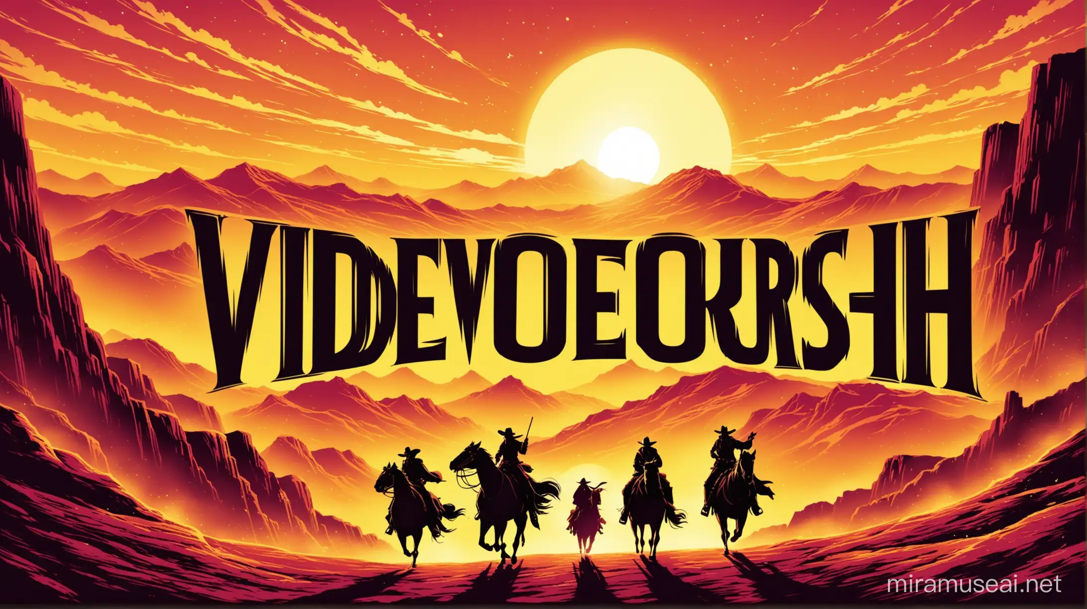 imagine make a movie poster with fantasy western genre, concept is : film graduate students DOING ADVENTURE for MAKING MOVIE IN Hollywood title is 'VideoRush'