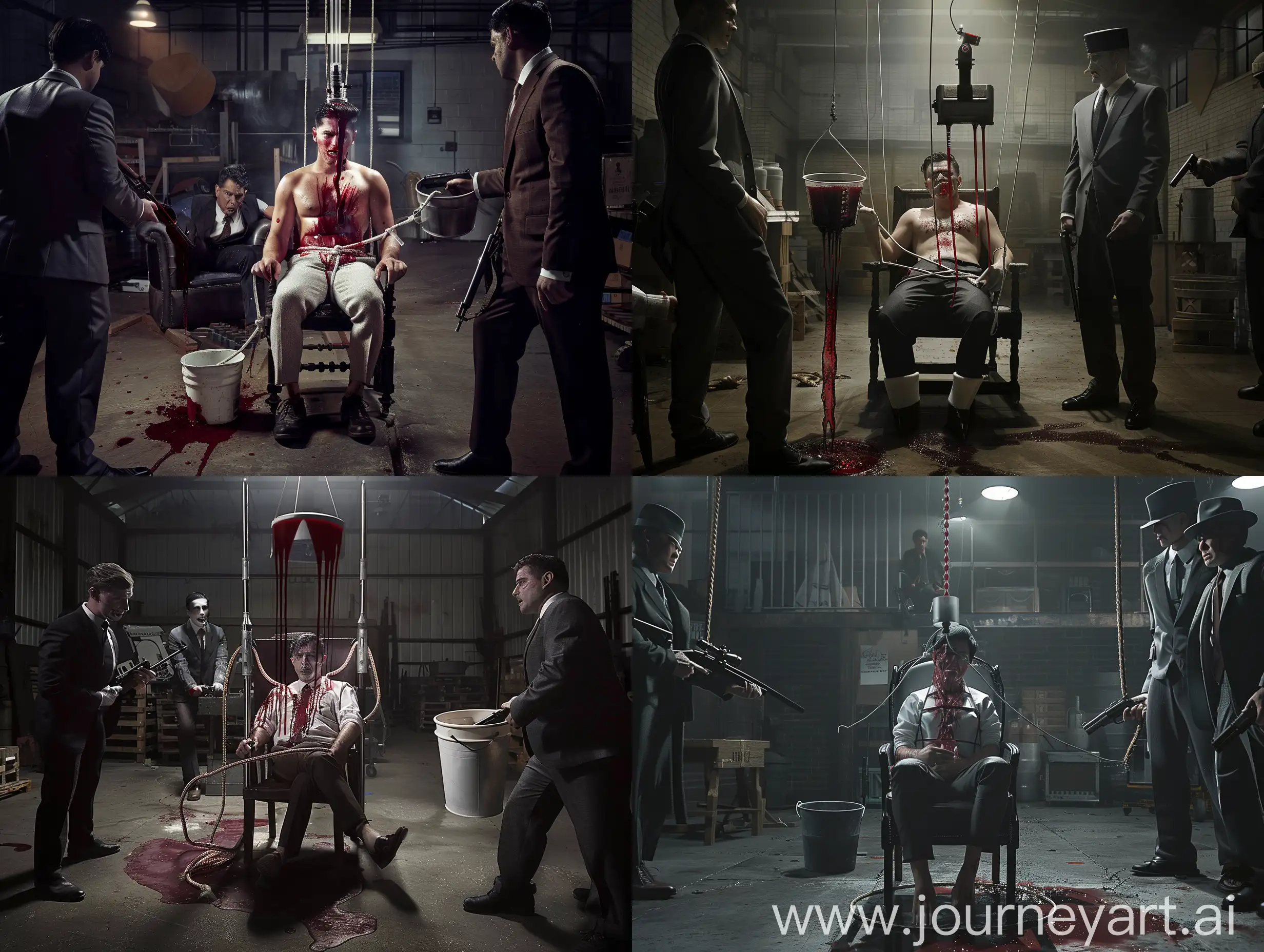 photo-realistic, a man is tied to a chair as a blood transfusion machine drains his  blood into a bucket,he is surrounded by two gangsters in suits with guns in a dark warehouse,atmospheric lighting 