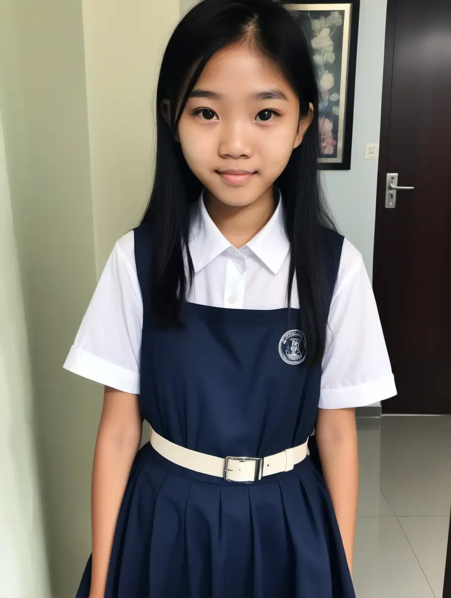 petite 13 years old Singaporean chinese teenage girl. messy black hair. selfie. wearing a navy blue pinafore paya lebar Methodist girls school uniform dress with a white belt.