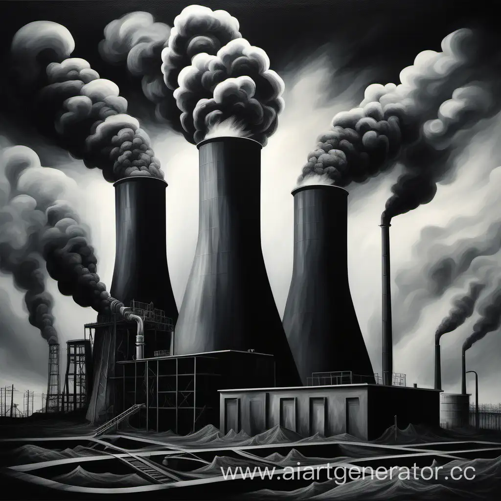 Темный угольный завод исполненный в серых цветах тема картины безысходность стиль сюрреализм