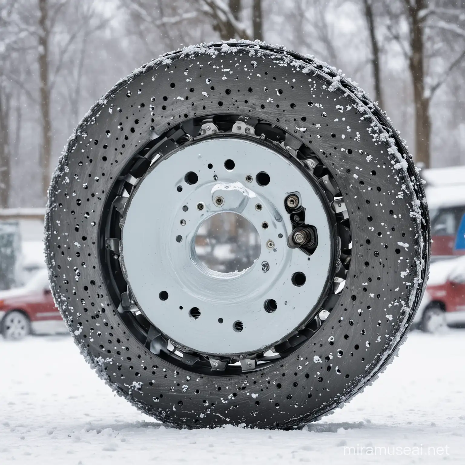 Winter Automotive Scene Snowy Landscape with Car Brake Discs Display