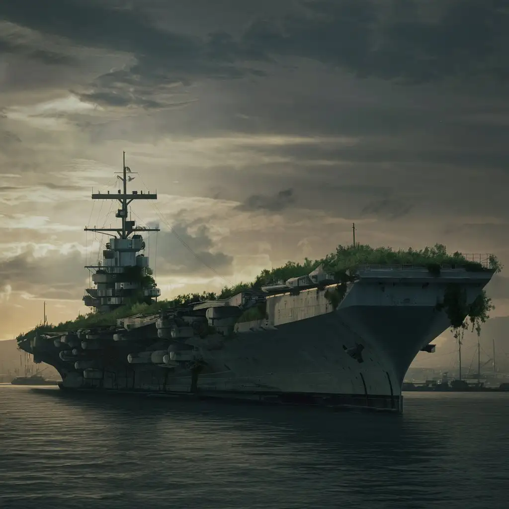 PostApocalyptic Aircraft Carrier Anchored in a Deserted Harbor