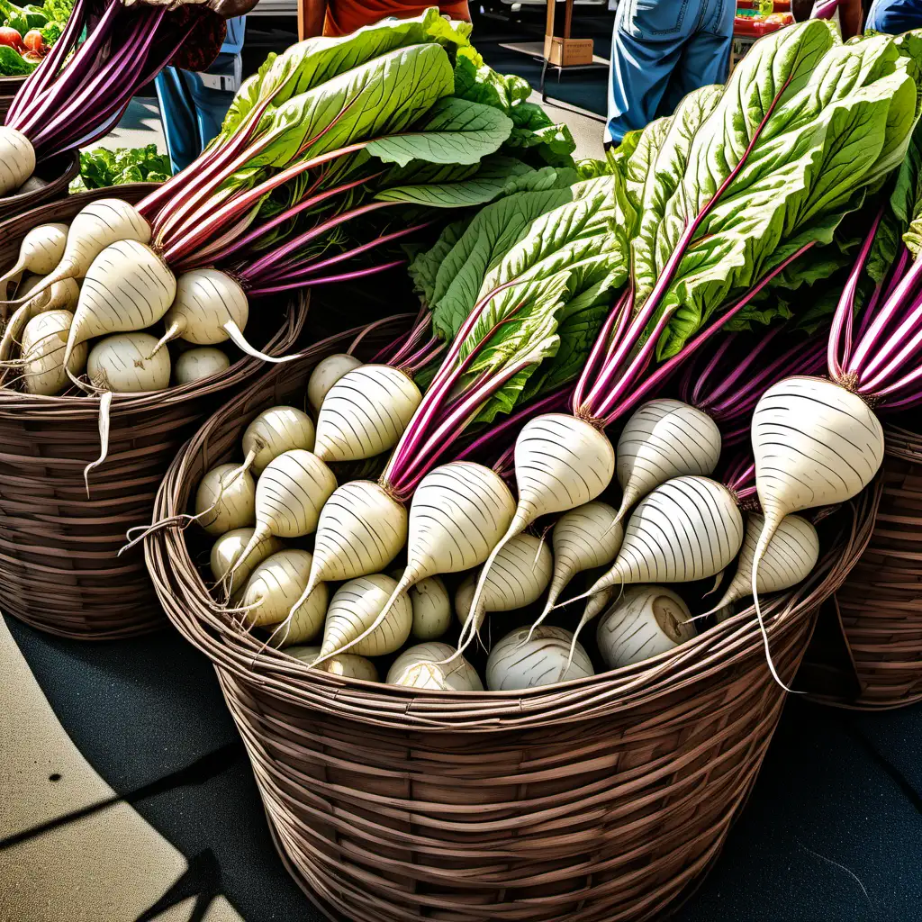 ernie barnes style cartoon baskets of white stripped beets at the farmer's market