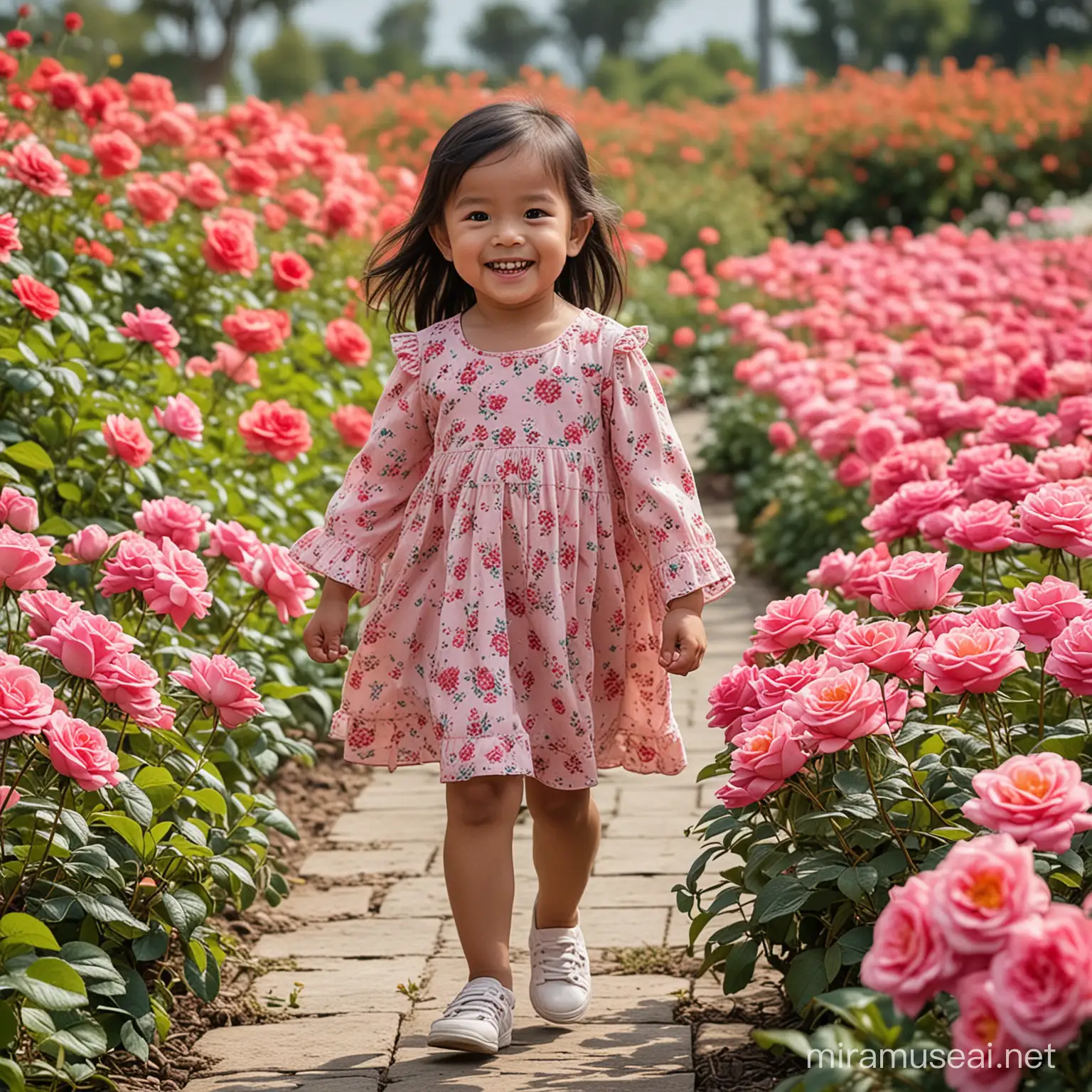 A 4-year-old child girl, with a Indonesian face, smiles happily as he carries his 4-year-old baby girl...walking around the colorful rose garden.
Beautiful flower garden background