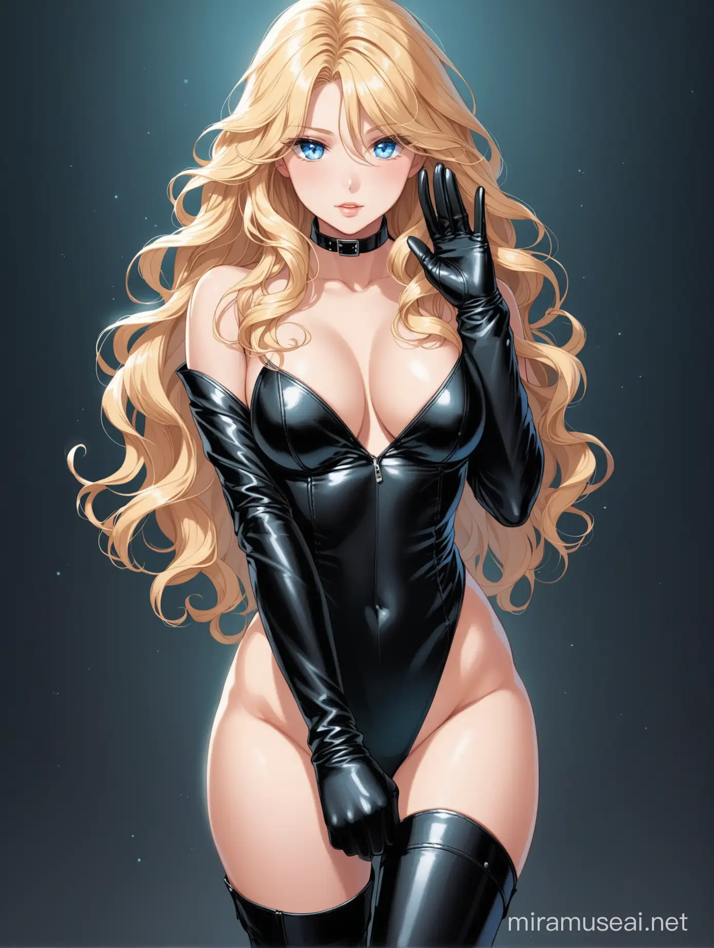 Sexy blonde blue eyed girl with wavy hair wearing long black leather gloves and long black leather boots nude