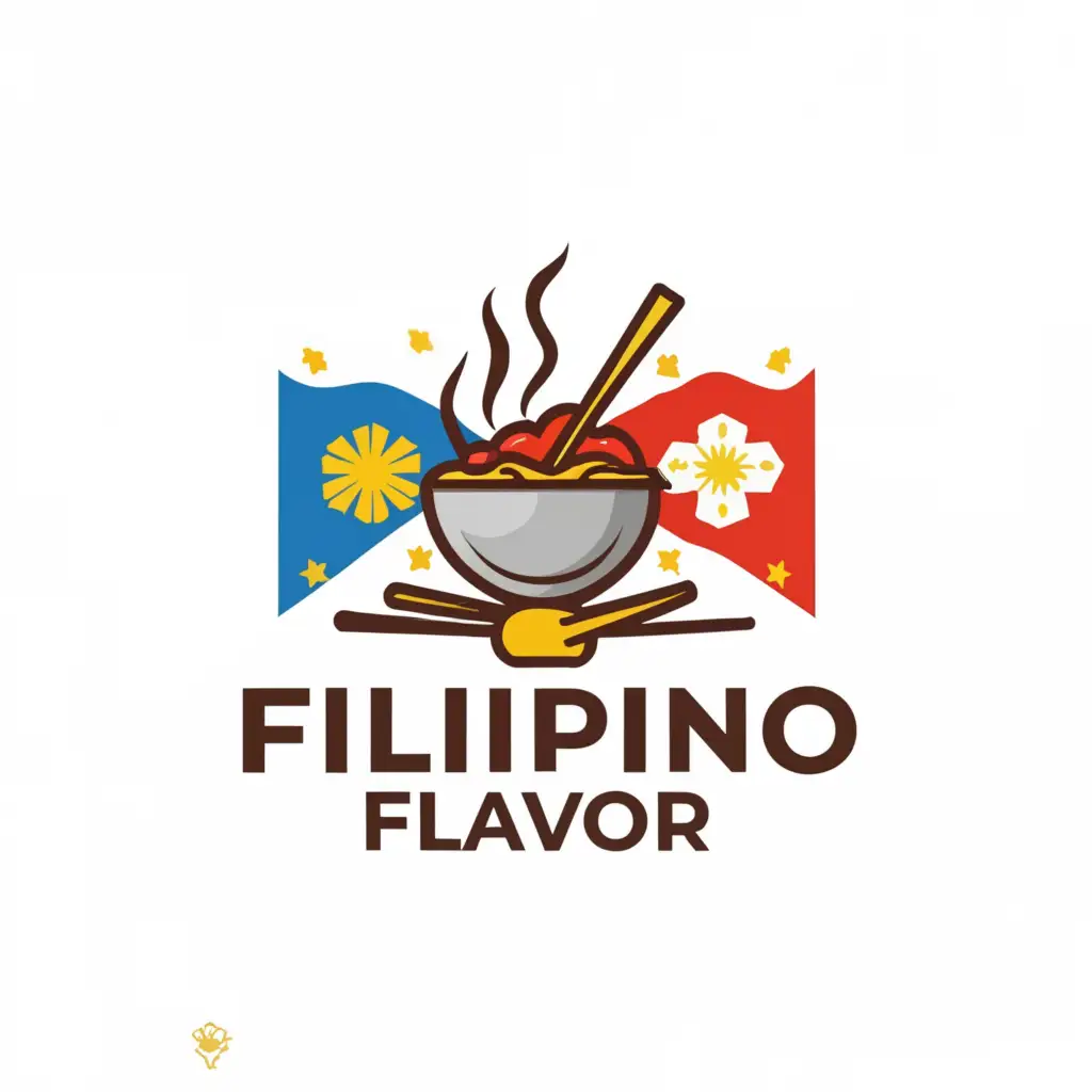 a logo design,with the text "Filipino flavor", main symbol:Wok, Spoon&Fork, Philippine Flag. Open Book,Moderate,clear background