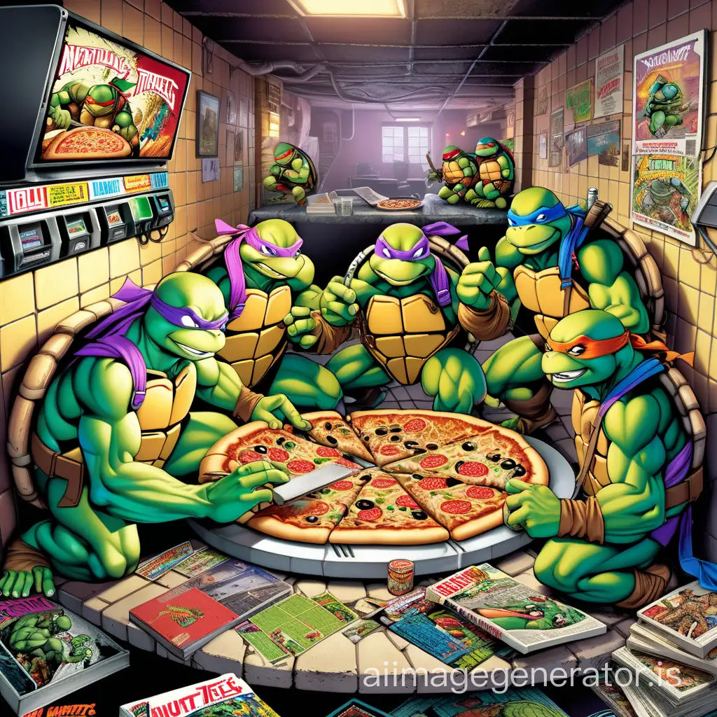 The teenage mutant ninja turtles chowing down on a classic NYC-style pizza in their sewer lair, surrounded by old comic books and arcade game parts.