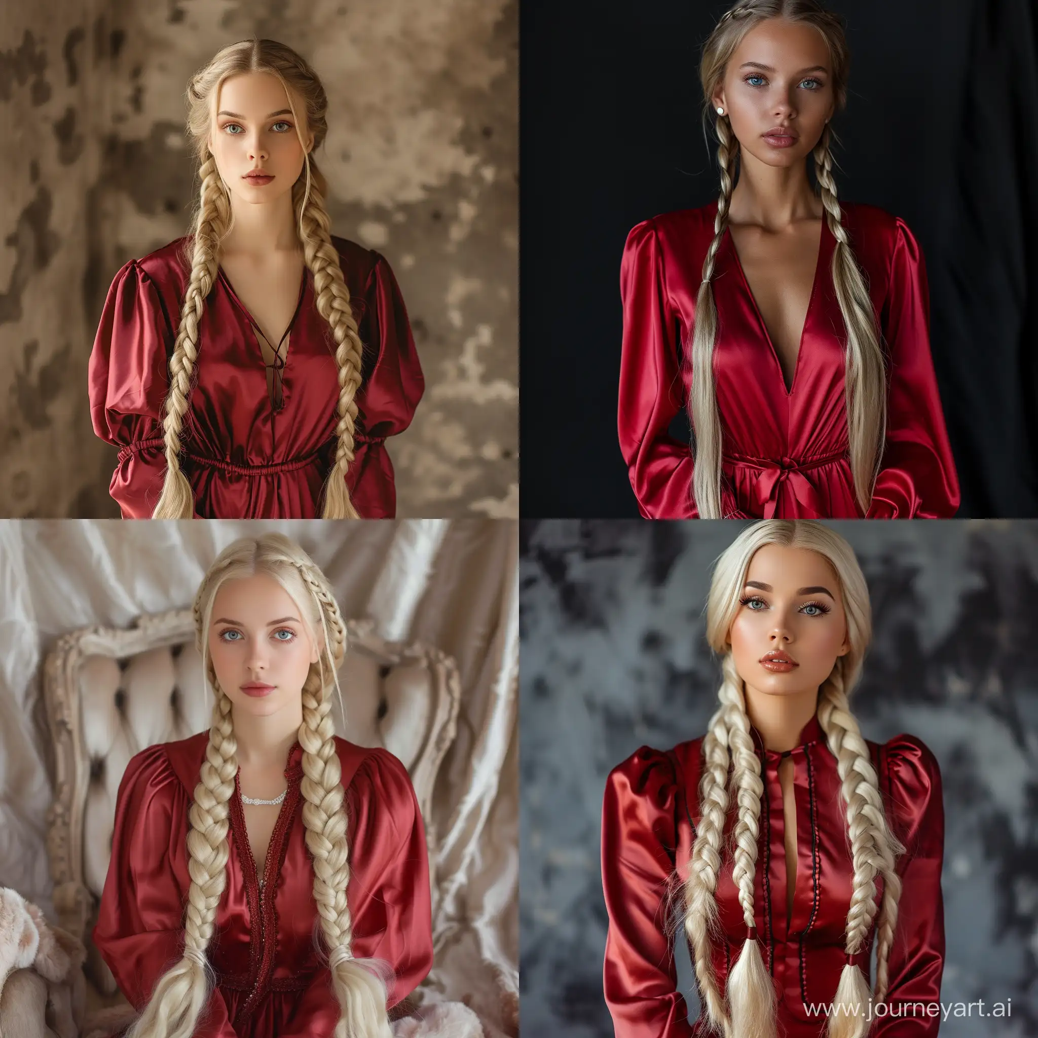 Elegant-Young-Woman-in-Red-Silk-Dress-with-Braided-Hair