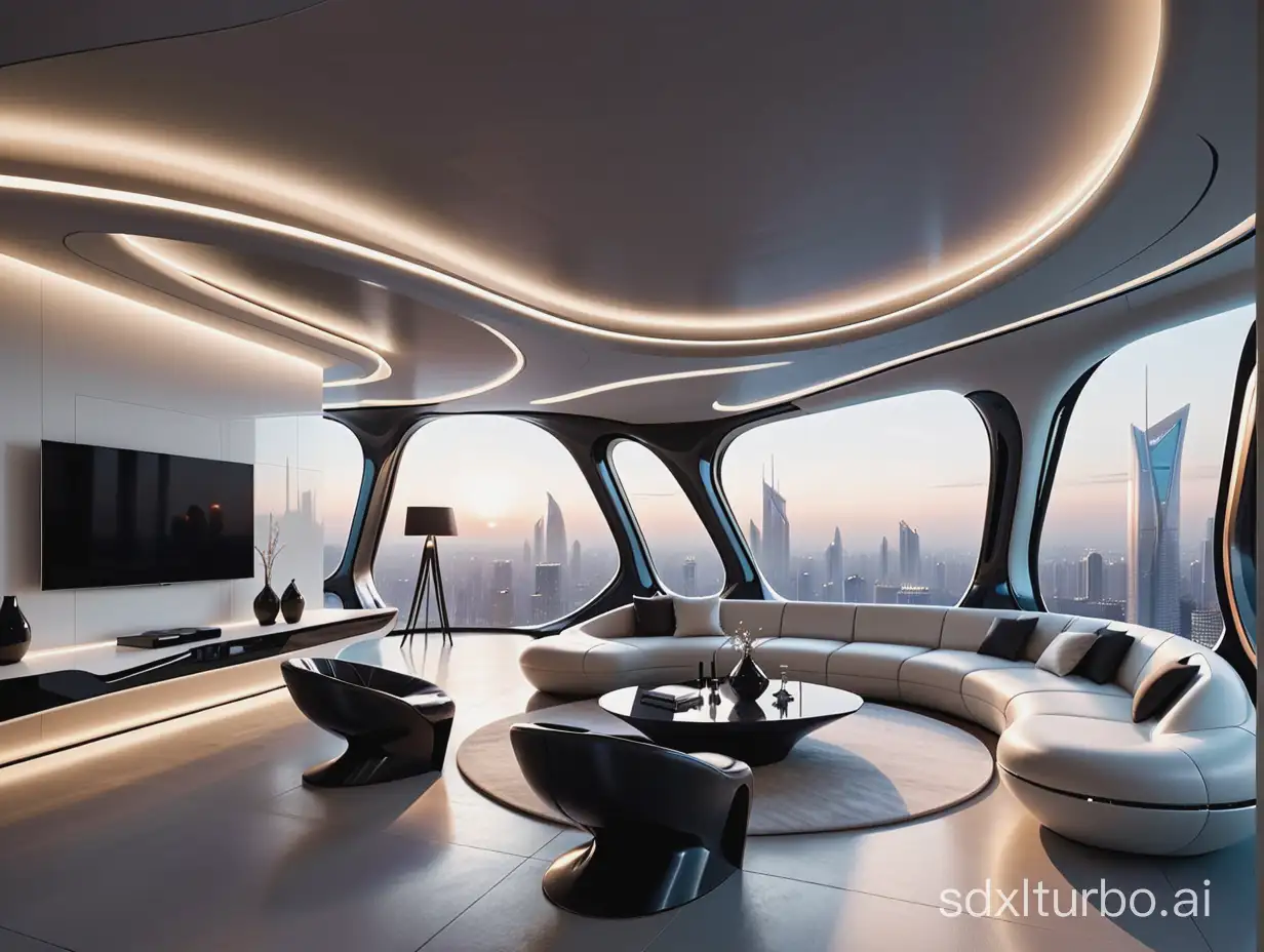 a futuristic architectural concept in the innovative style of Zaha Hadid, featuring sleek surfaces and organic forms, the lighting is high-contrast, emphasizing the form and function, the mood is forward-thinking and optimistic