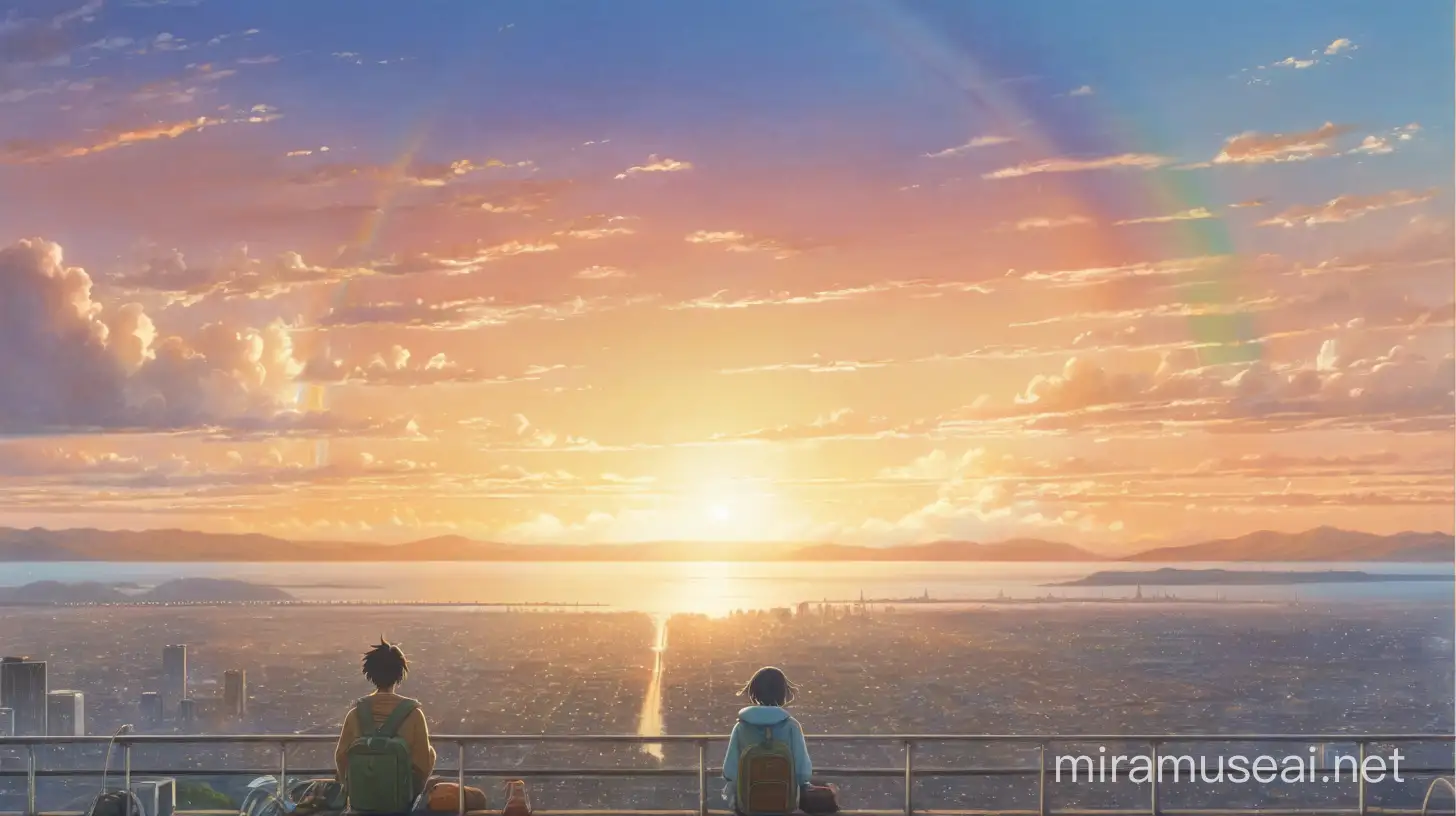 Sunset and Rainbow Over Urban Landscape in Makoto Shinkais Artistic Style