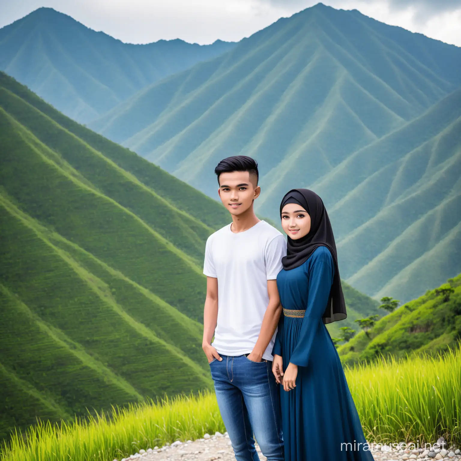 Foto pria indonesia umur 20 tahun kaos putih,celana jeans)sedang berdiri  bersama wanita cantik umur 20 tahun (baju muslim panjang warna biru tua) pose ke kamera,lokasi sebuah pegunungan