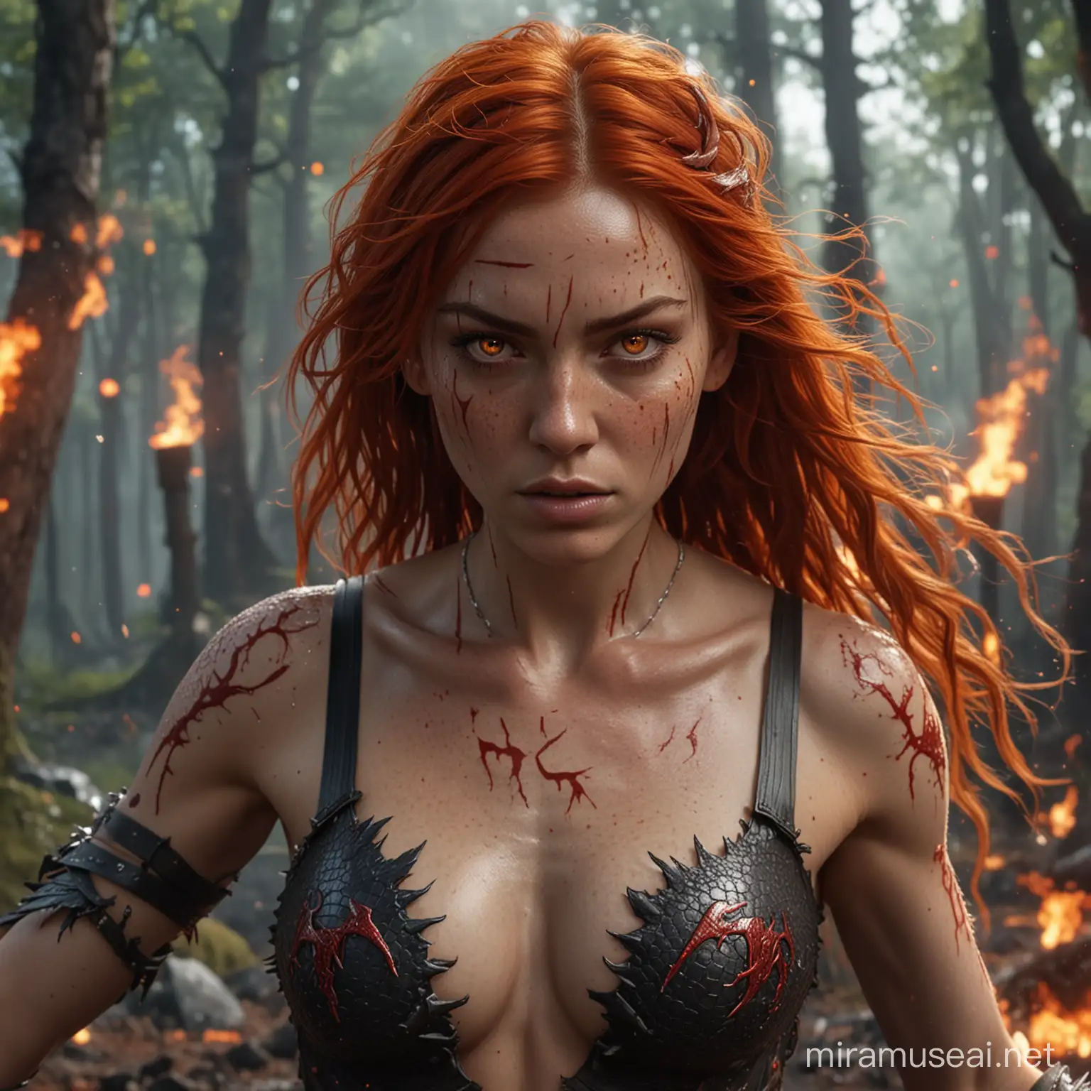 hyperrealistic very high detail 4k full size photograph taken from the front left with depth perception, showing a female human with long fiery red hair thin red eyebrows, burning red eyes and face full of freckles, with draconic symbols carved into arms and body, sleeveless open front top made of dragon scales, fighting in a bloody battle in a forest, with bolts of lightning from hands