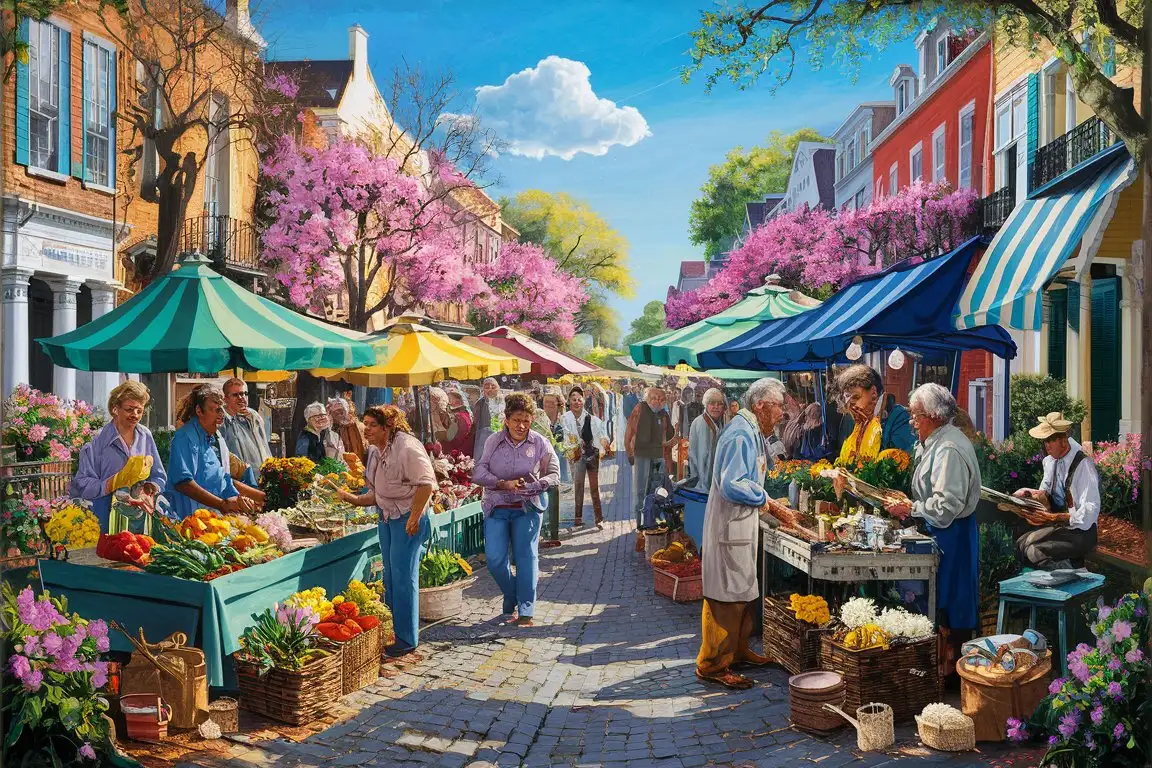 Create an image that captures a bustling outdoor market on a Spring day in Charleston, South Carolina, in the style of Reginald Marsh. The scene is alive with vibrant colors and bustling activity. The setting is a historic street lined with Charleston's well-known pastel-colored houses and blooming azaleas. The market is crowded with vendors selling a variety of goods—fresh produce, flowers, handmade crafts, and local art. Shoppers navigate the stalls, examining items, and interacting with the vendors. The atmosphere is lively and cheerful, with the sounds of conversation, laughter, and perhaps a street musician playing in the background adding to the ambiance. The sky is a clear blue, with just a few fluffy clouds, and the sun casts soft shadows, enhancing the depth and texture of the scene. Reginald Marsh's signature style—dynamic composition, emphasis on the figure, and a sense of movement—brings this outdoor market scene to life, capturing the essence of a vibrant community gathering on a beautiful Spring day in Charleston.