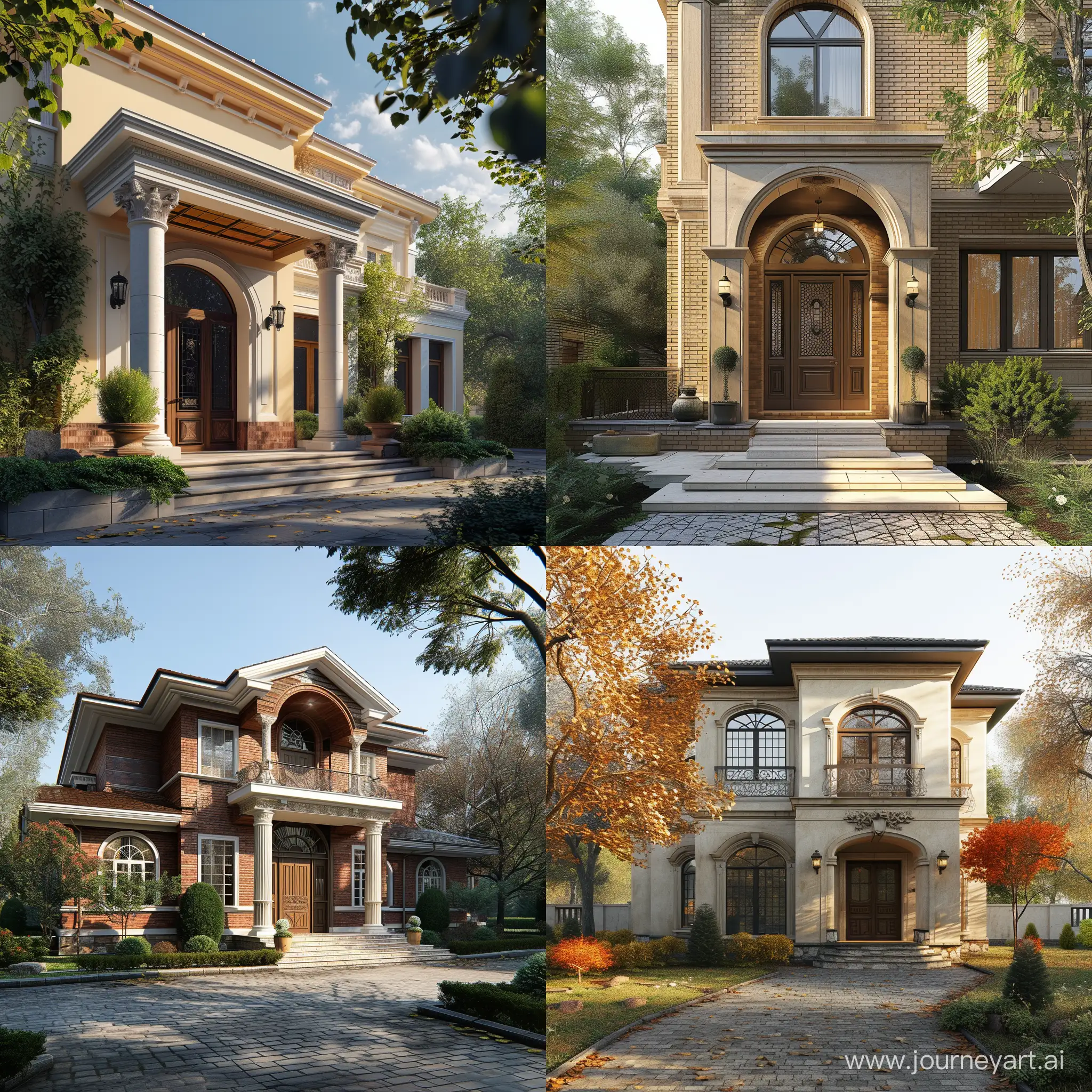 Design a house in the style of reconstruction architecture. And collage techniques. Focus on the entrance of the house. Do not change too much. Collage techniques are analog. The final output should be shown as a realistic image.