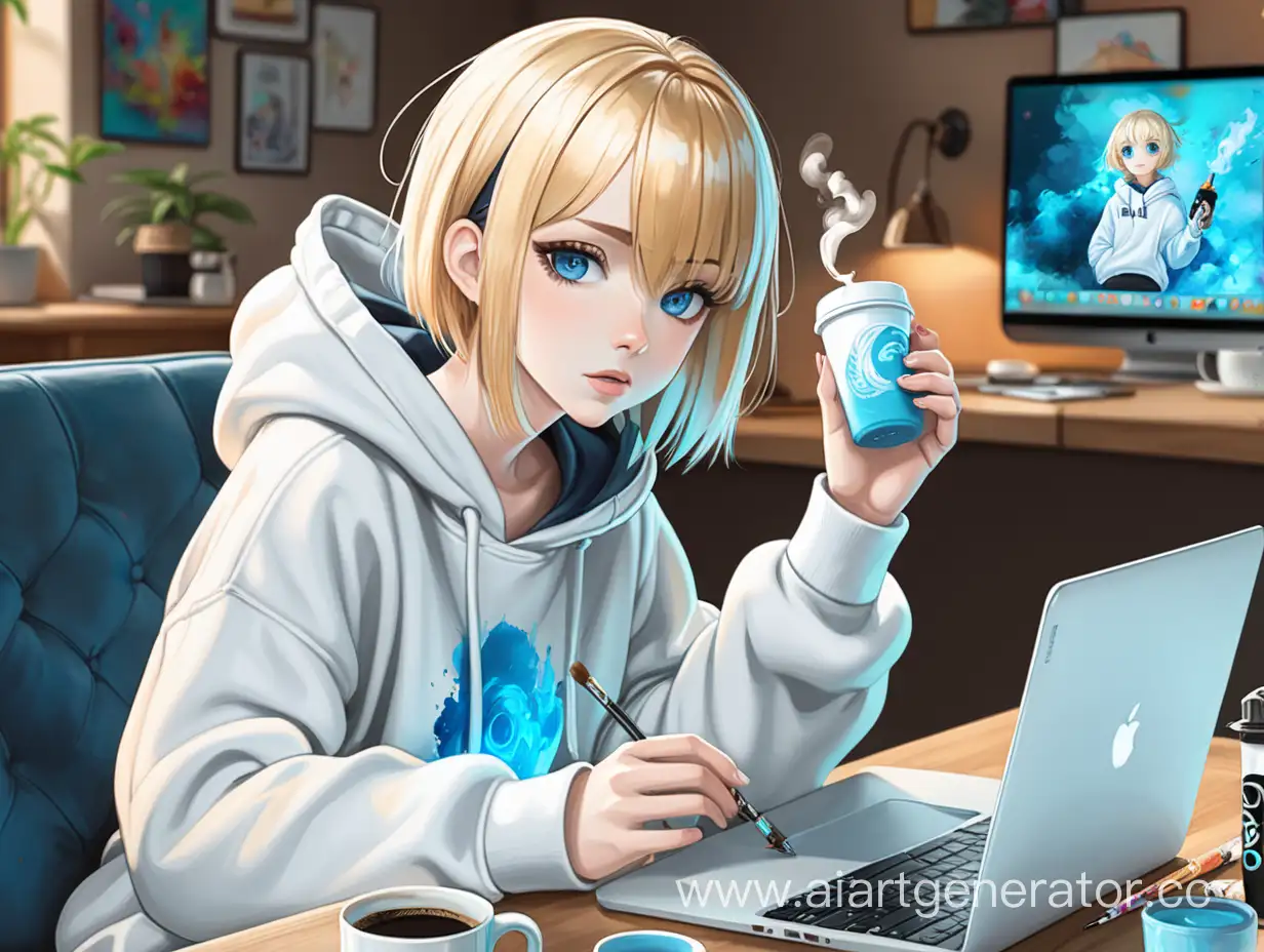 Anime girl, blue eyes, short blonde hair, with a laptop, holding a vape, coffee, white hoodie with anime, paints, and brushes on the table.