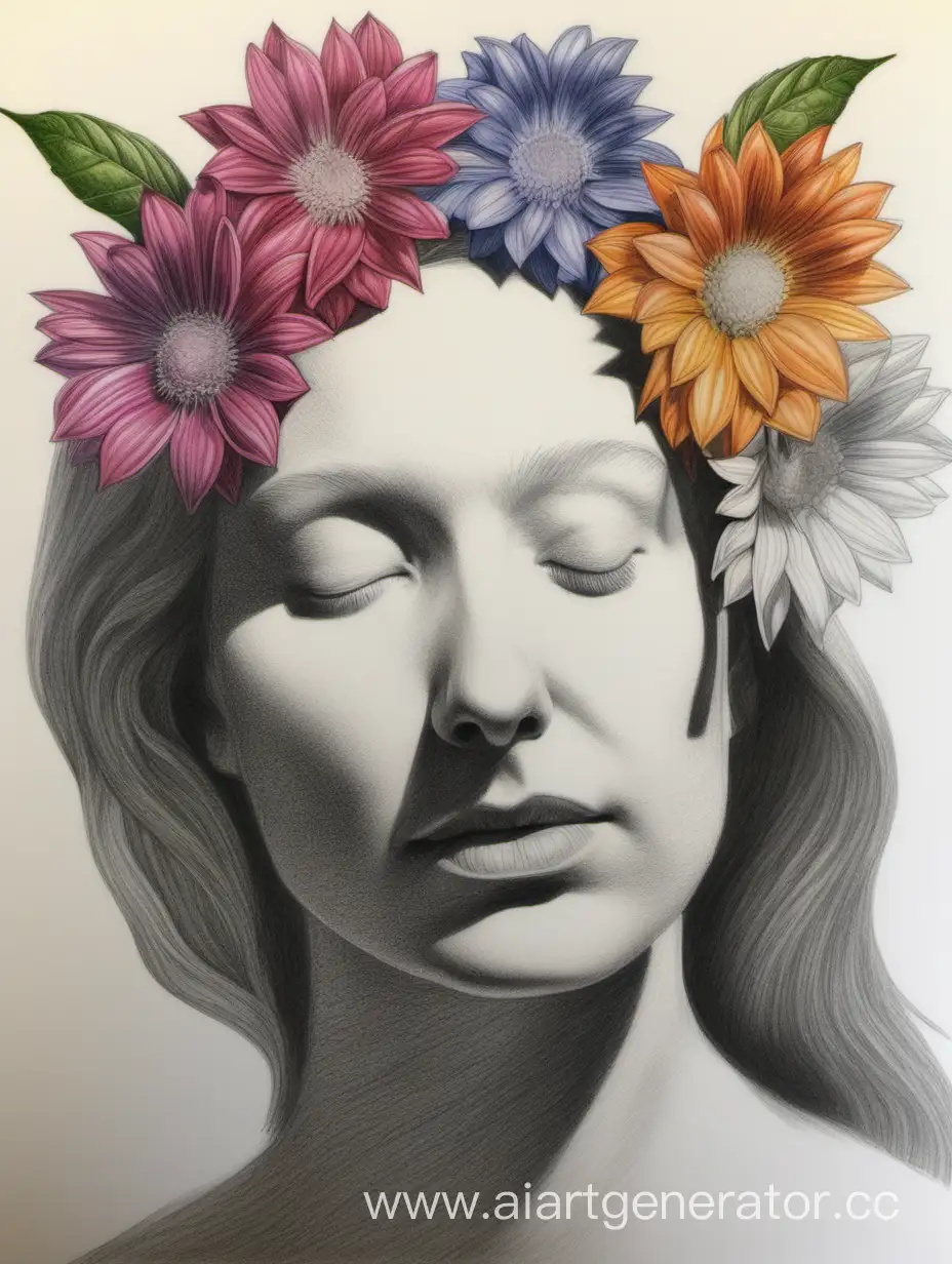 woman without eyes, ornamenta flowers, muiti colored pencil, mazzoni, high contrast, chiaroscuro