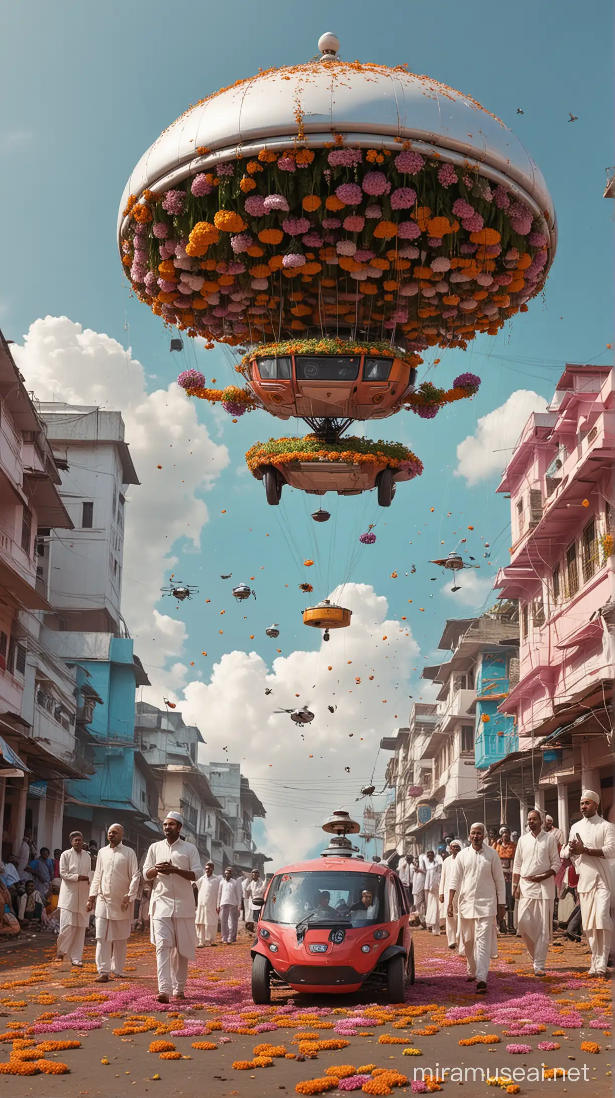 an illustration of a futuristic food pod  on thr ground not flying with kerala building behind and autorikshaw drivers and autos infront with drones delivering food on the ground and hindu priests throwing flowers on the ground to the devotees from the sky in an hoverboard and holograms in the sky in low angle ant view  dynamic 3 point perspectuve low angle