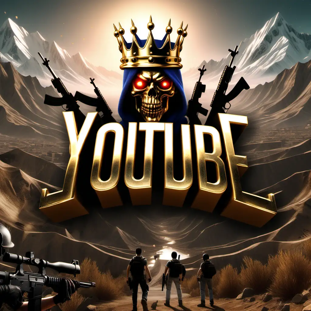 Create a logo of text " Youtube XOX" made of elegant gold behind Guns and Granides .Youtube XOX text in front of Pubg game and mountain demonic realistic , epic royal background, big royal uncropped crown, royal jewelry, robotic, nature, full shot, symmetrical, Greg Rutkowski, Charlie Bowater, Beeple, Unreal 5, hyperrealistic, dynamic lighting, fantasy art
