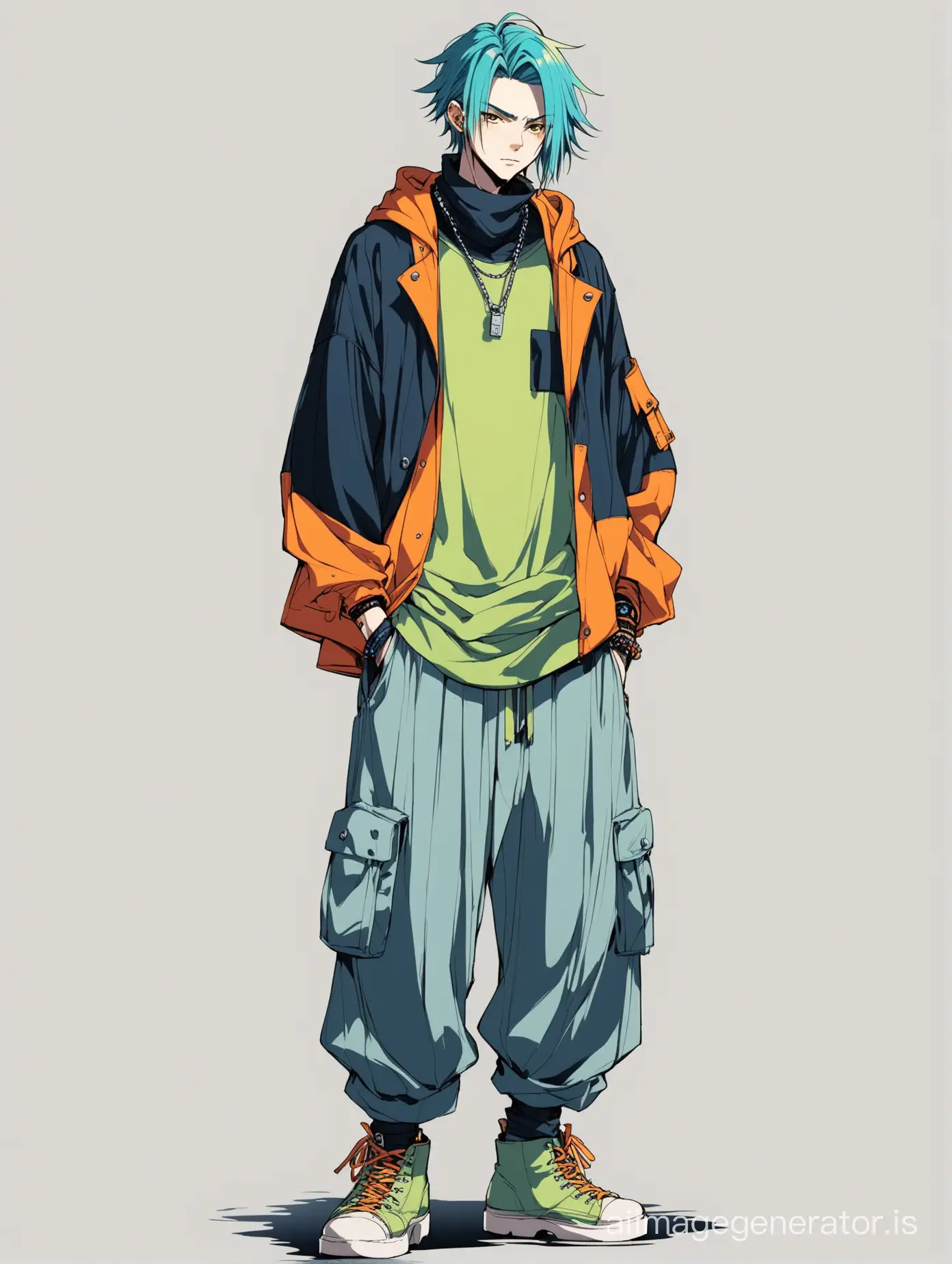 A guy in cool clothes with a bunch of accessories. baggy trousers. 21st century. Dark blue, yellow, pastel green, orange-red, gray-blue colors. Grunge. Anime. The concept